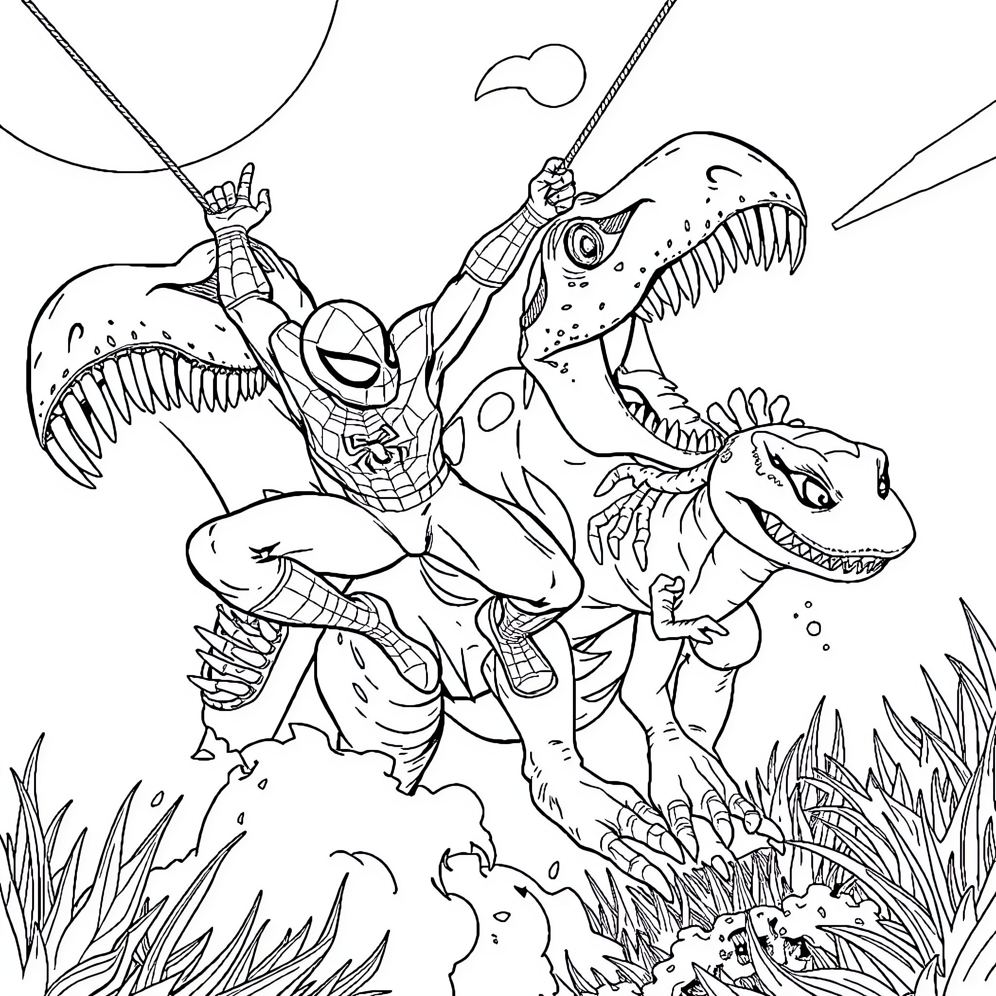 Spiderman swinging through prehistoric landscape Coloring Page (free black-and-white line drawing printable PDF for all, from beginners to advanced learners, including children, teens, adults, and seniors)