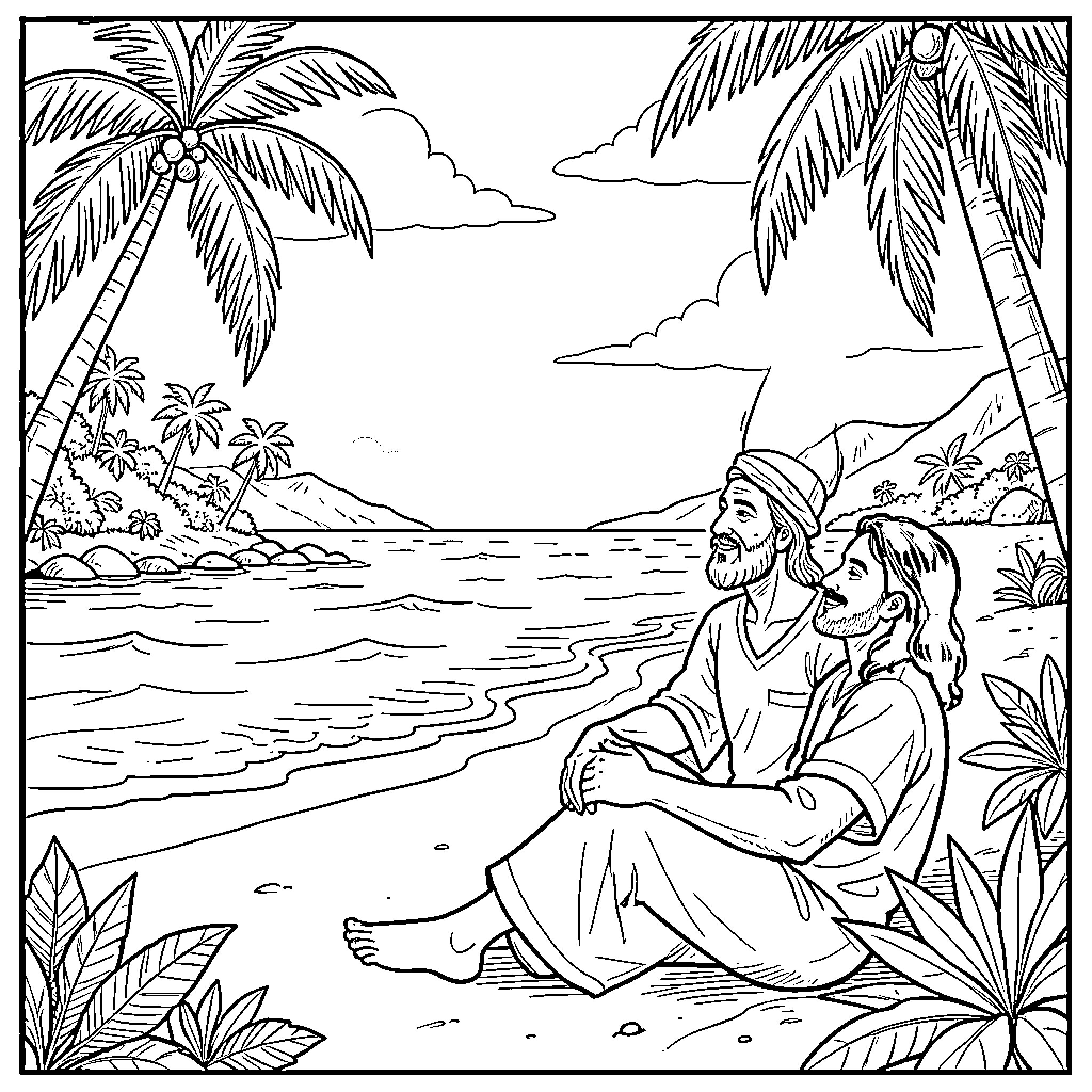Rumi's Peaceful Contemplation by the Seaside Coloring Page (free black-and-white line drawing printable PDF for all, from beginners to advanced learners, including children, teens, adults, and seniors)