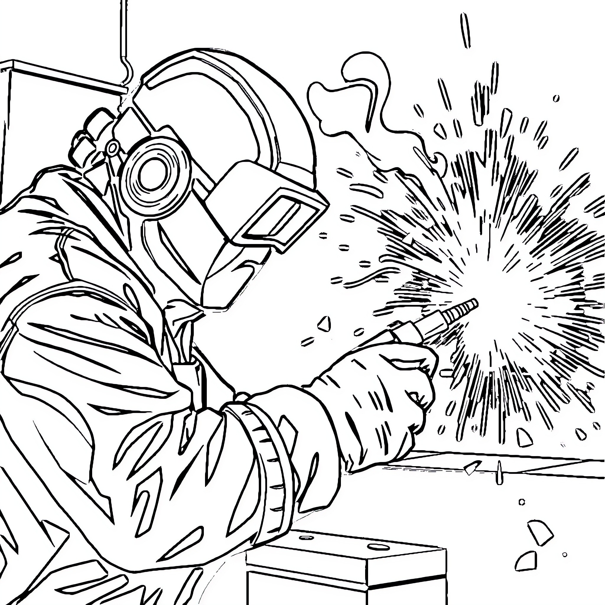 Ironman welder at work with sparks Coloring Page (free black-and-white line drawing printable PDF for all, from beginners to advanced learners, including children, teens, adults, and seniors)