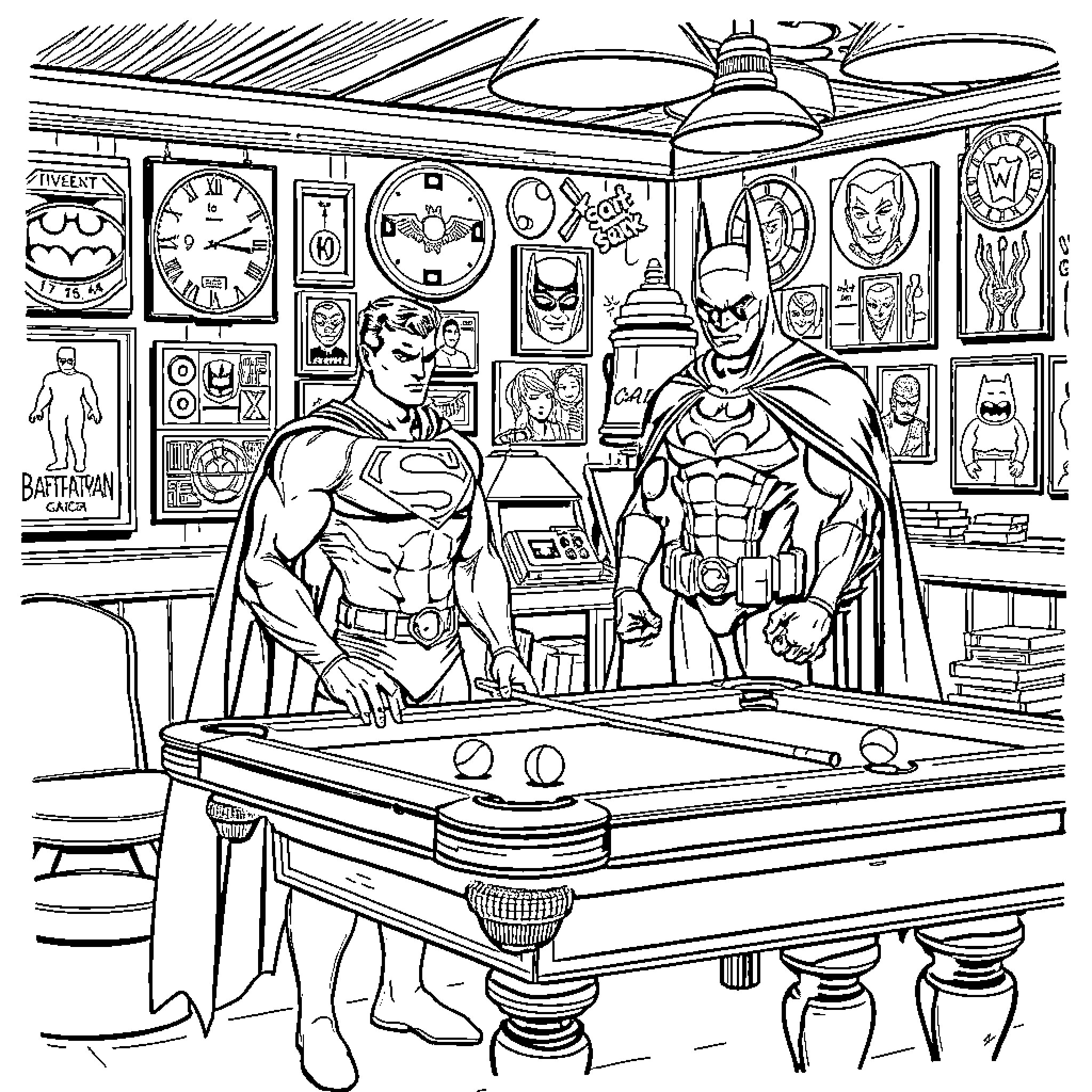 Superman and Batman playing pool in a retro game room Coloring Page (free black-and-white line drawing printable PDF for all, from beginners to advanced learners, including children, teens, adults, and seniors)