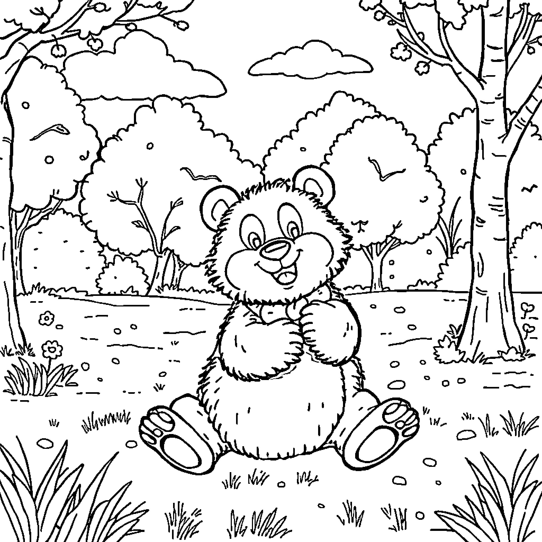 Brown Bear enjoying the Outdoor Scene Coloring Page (free black-and-white line drawing printable PDF for all, from beginners to advanced learners, including children, teens, adults, and seniors)