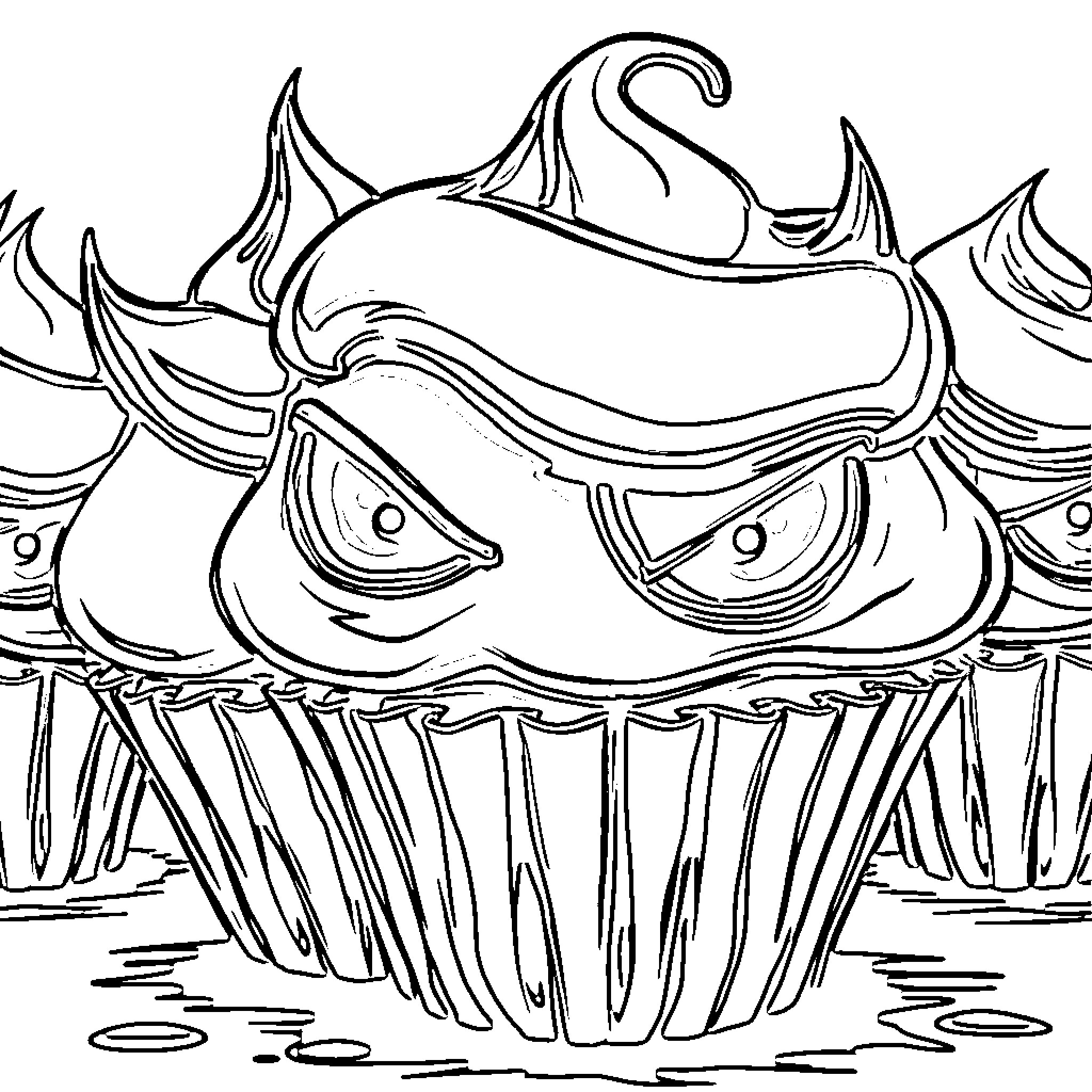 Cupcake monster with fearsome expression Coloring Page (free black-and-white line drawing printable PDF for all, from beginners to advanced learners, including children, teens, adults, and seniors)