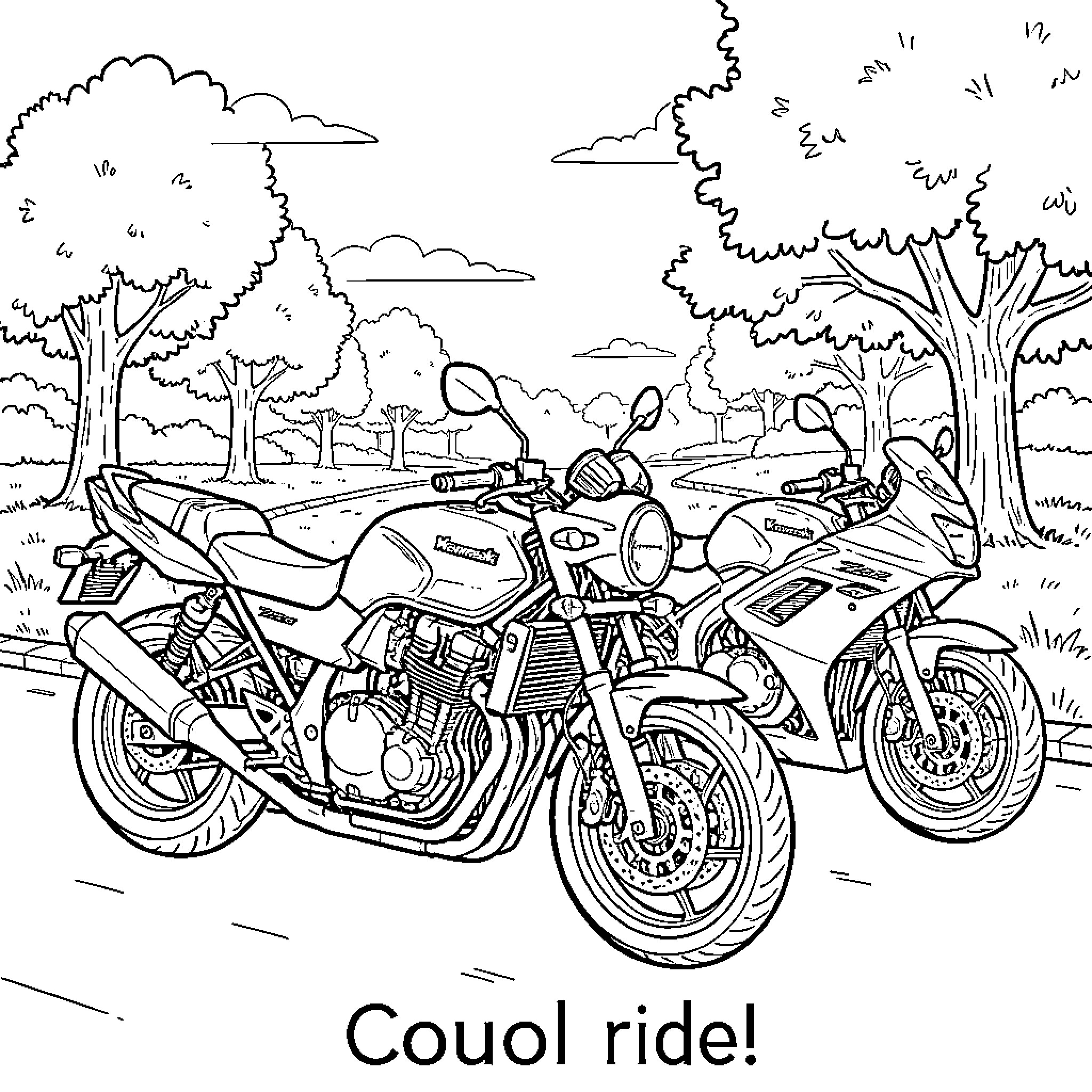 Kawasaki Z900 parked on a scenic road with trees Coloring Page (free black-and-white line drawing printable PDF for all, from beginners to advanced learners, including children, teens, adults, and seniors)
