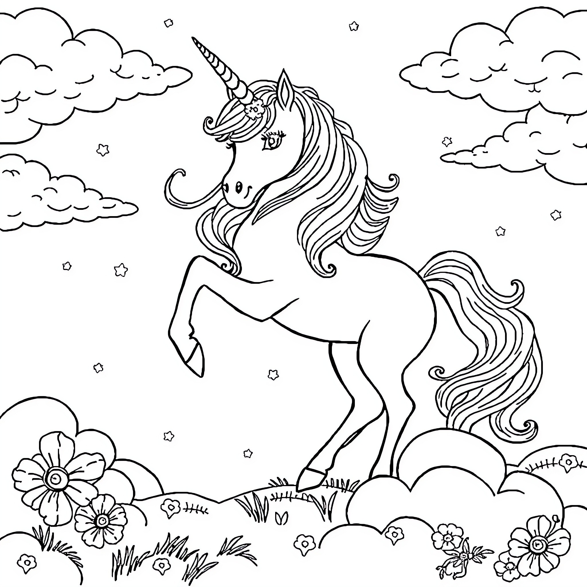 Unicorn standing proudly among flowers and clouds Coloring Page (free black-and-white line drawing printable PDF for all, from beginners to advanced learners, including children, teens, adults, and seniors)