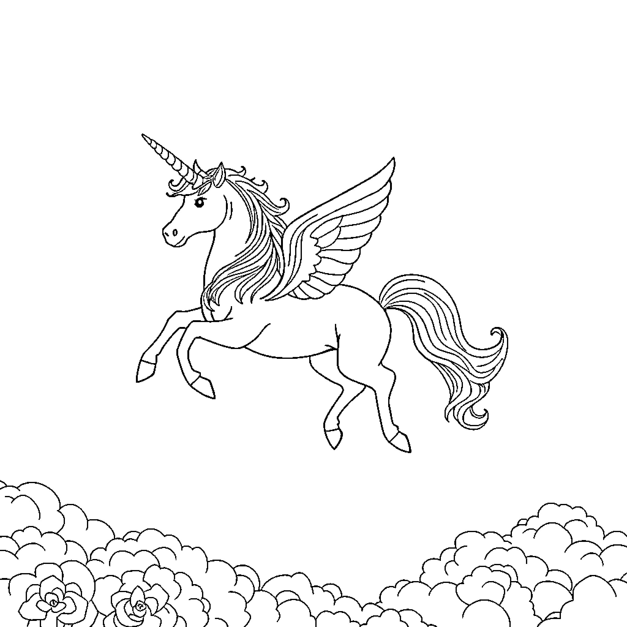 Unicorn soaring through the clouds Coloring Page (free black-and-white line drawing printable PDF for all, from beginners to advanced learners, including children, teens, adults, and seniors)