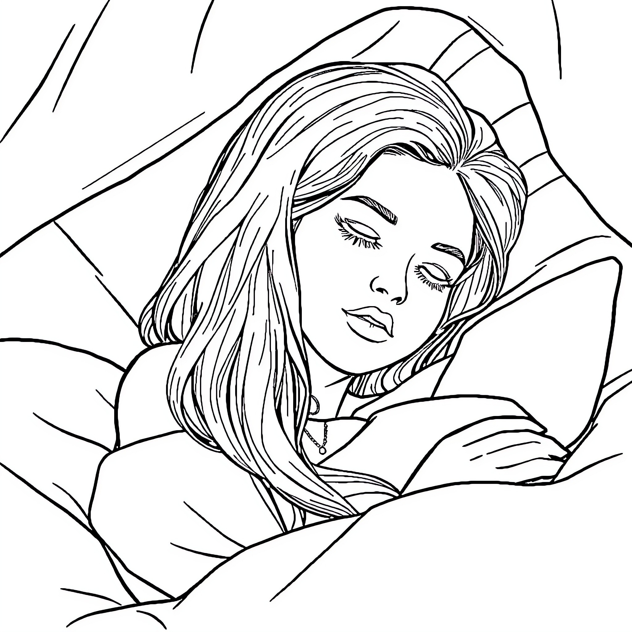 Girl resting peacefully in bed Coloring Page (free black-and-white line drawing printable PDF for all, from beginners to advanced learners, including children, teens, adults, and seniors)