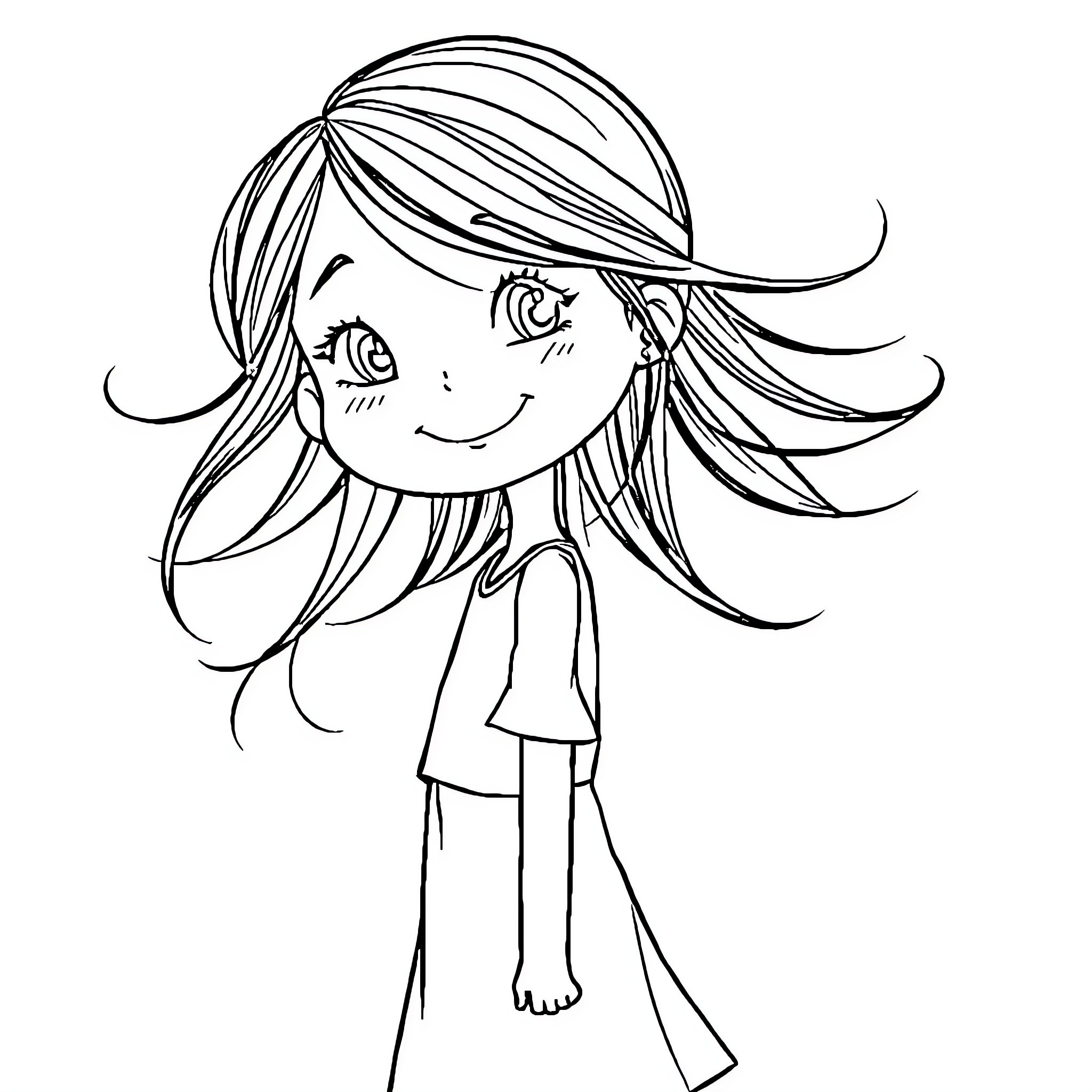 Girl with flowing hair and joyful expression Coloring Page (free black-and-white line drawing printable PDF for all, from beginners to advanced learners, including children, teens, adults, and seniors)