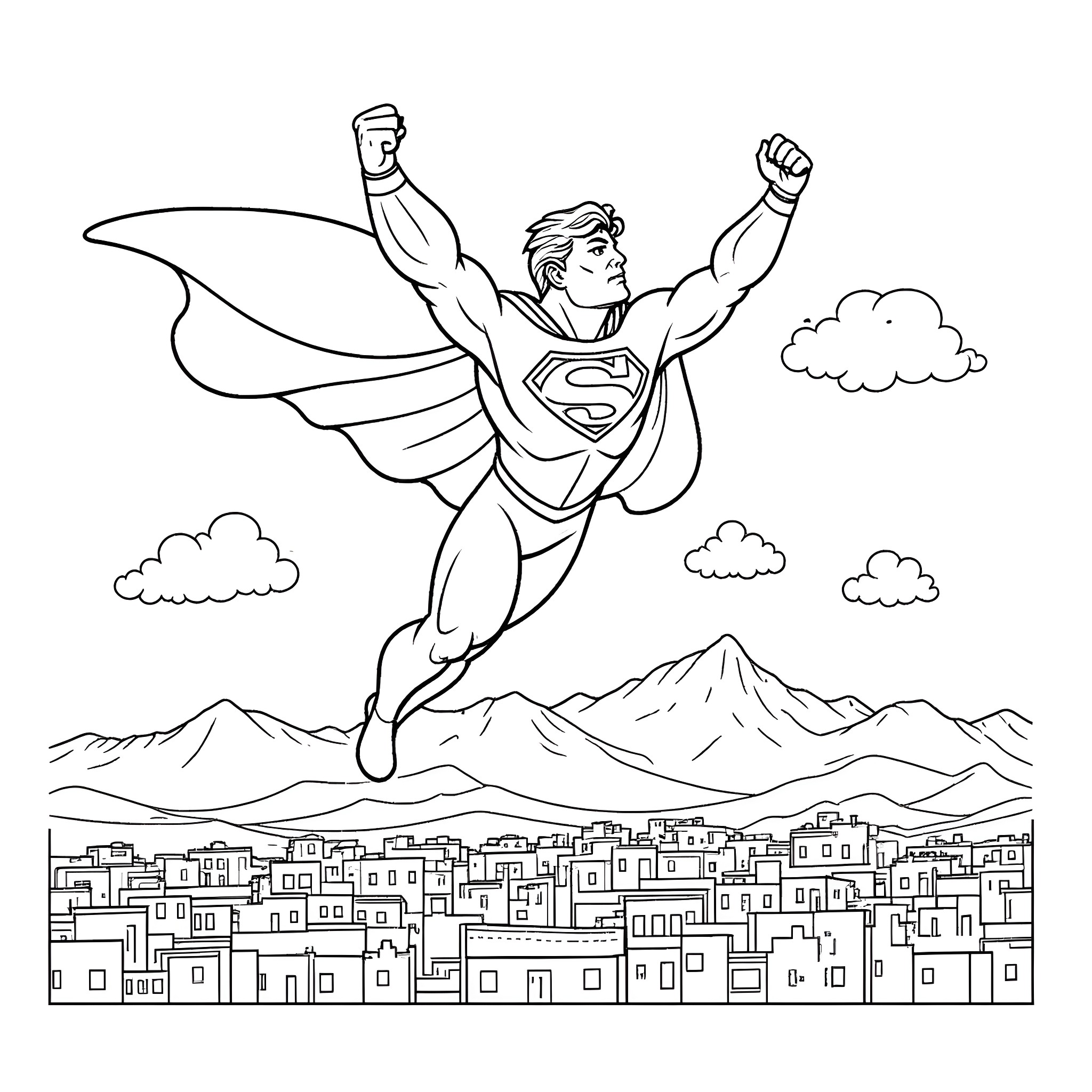 Superman soaring heroically over cityscape Coloring Page (free black-and-white line drawing printable PDF for all, from beginners to advanced learners, including children, teens, adults, and seniors)
