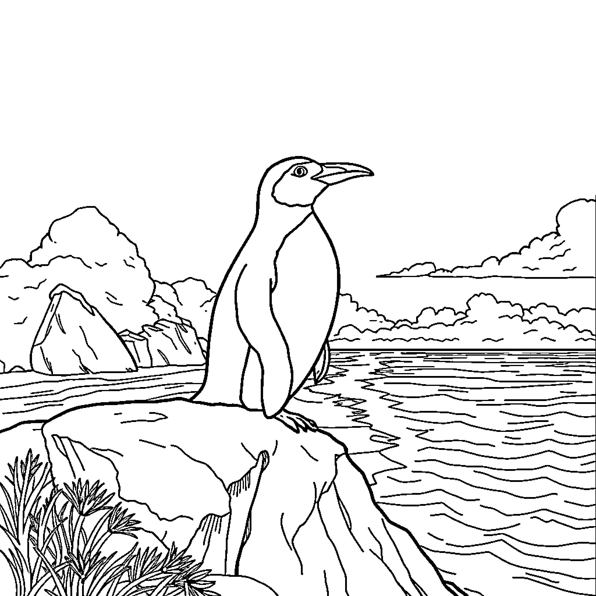 Penguin standing on rocky shore near ocean Coloring Page (free black-and-white line drawing printable PDF for all, from beginners to advanced learners, including children, teens, adults, and seniors)
