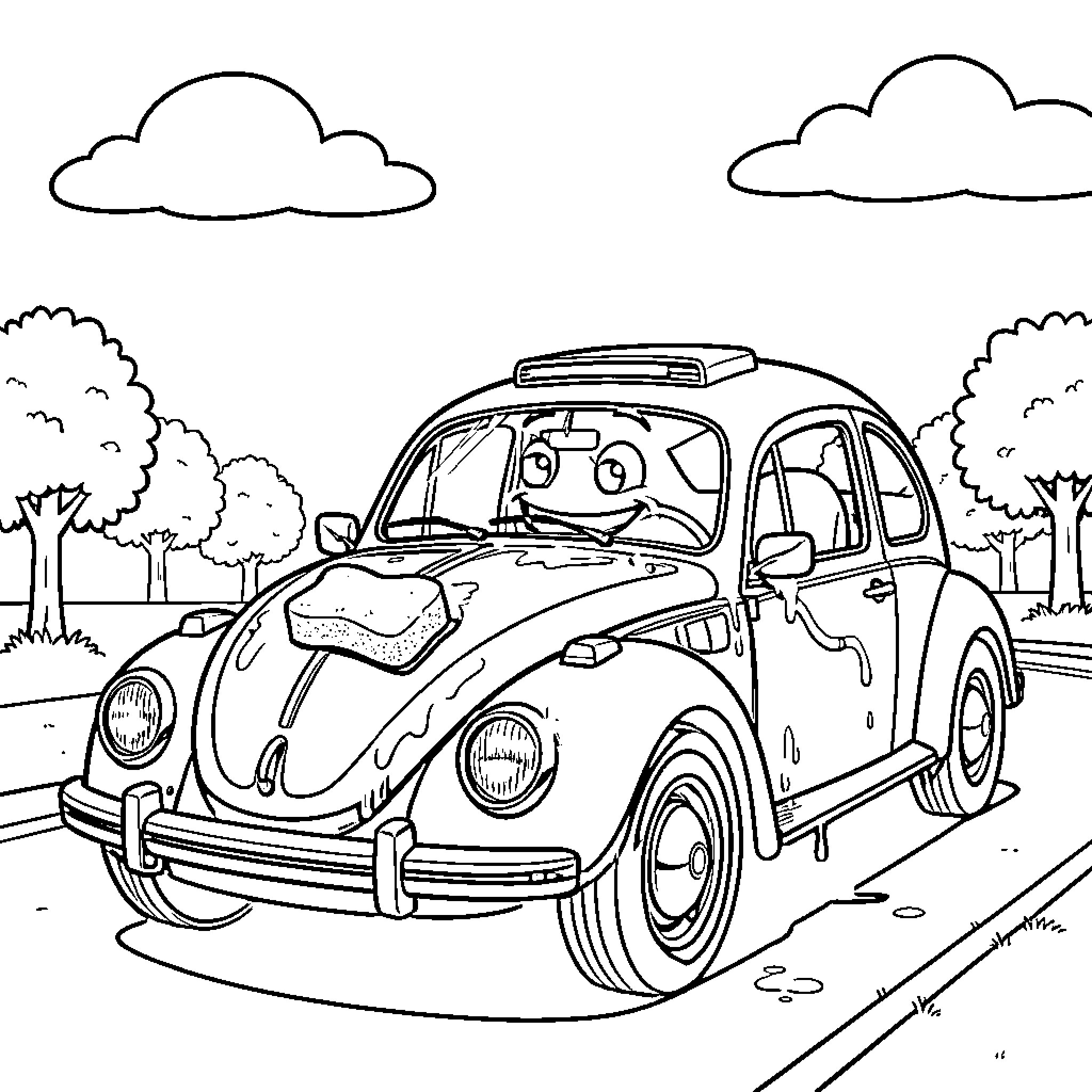 Salchicha's Vintage Volkswagen Adventure Coloring Page (free black-and-white line drawing printable PDF for all, from beginners to advanced learners, including children, teens, adults, and seniors)
