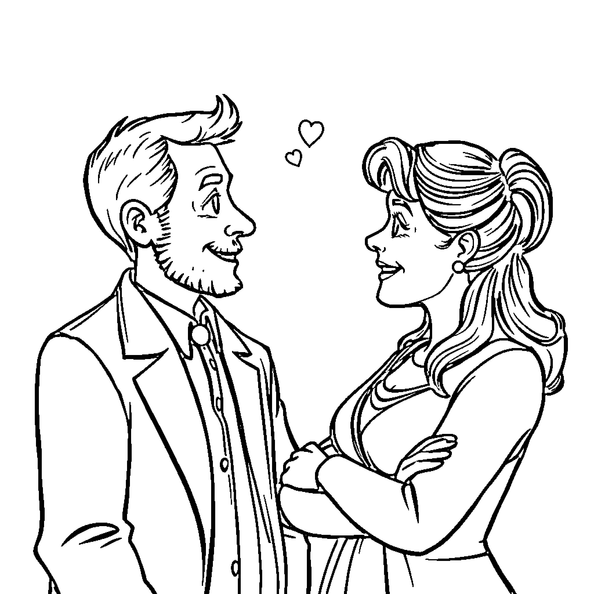 Mr. & Mrs. Bohnert Sharing a Joyful Moment Coloring Page (free black-and-white line drawing printable PDF for all, from beginners to advanced learners, including children, teens, adults, and seniors)