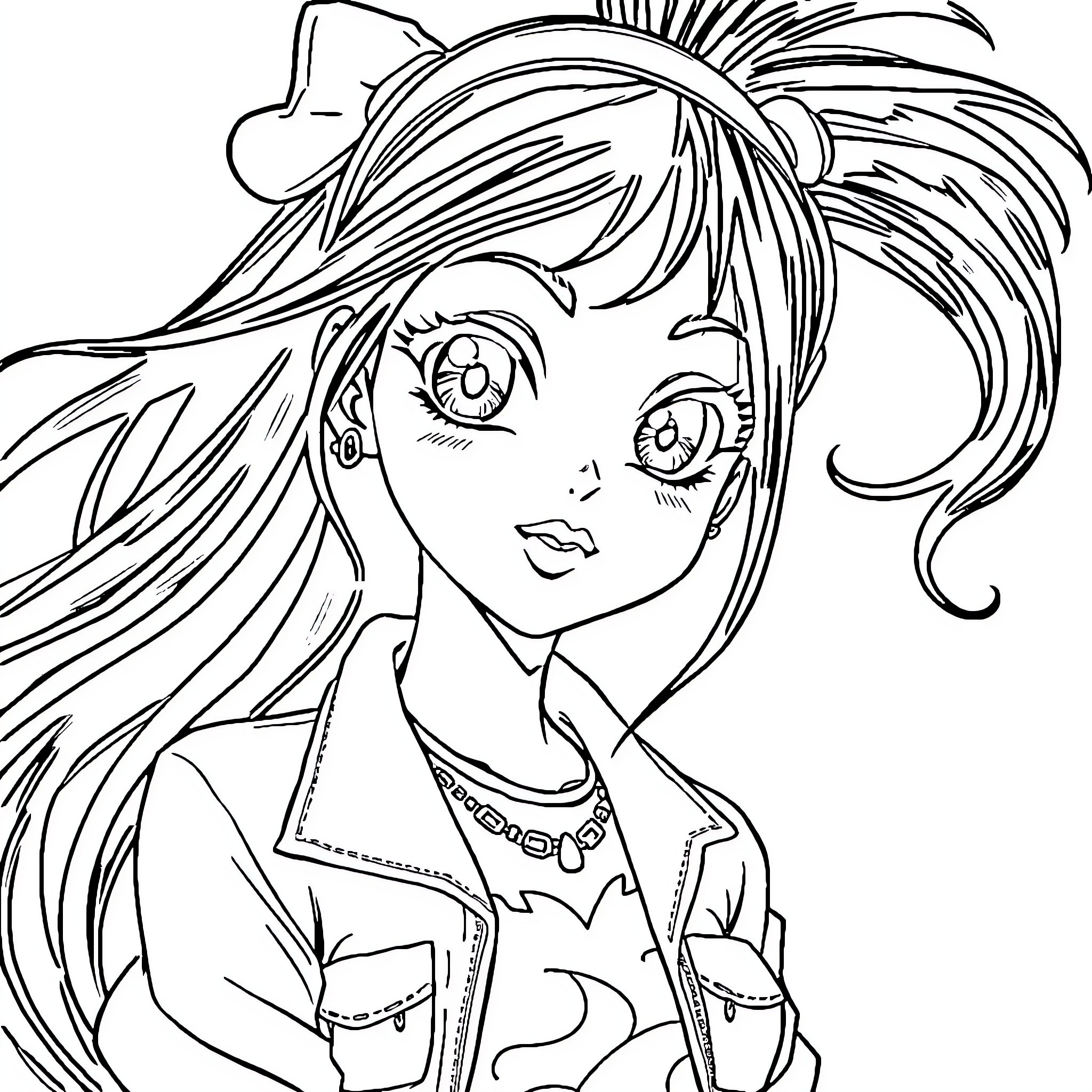 Anime Girl with Expressive Face and Messy Hair Coloring Page (free black-and-white line drawing printable PDF for all, from beginners to advanced learners, including children, teens, adults, and seniors)