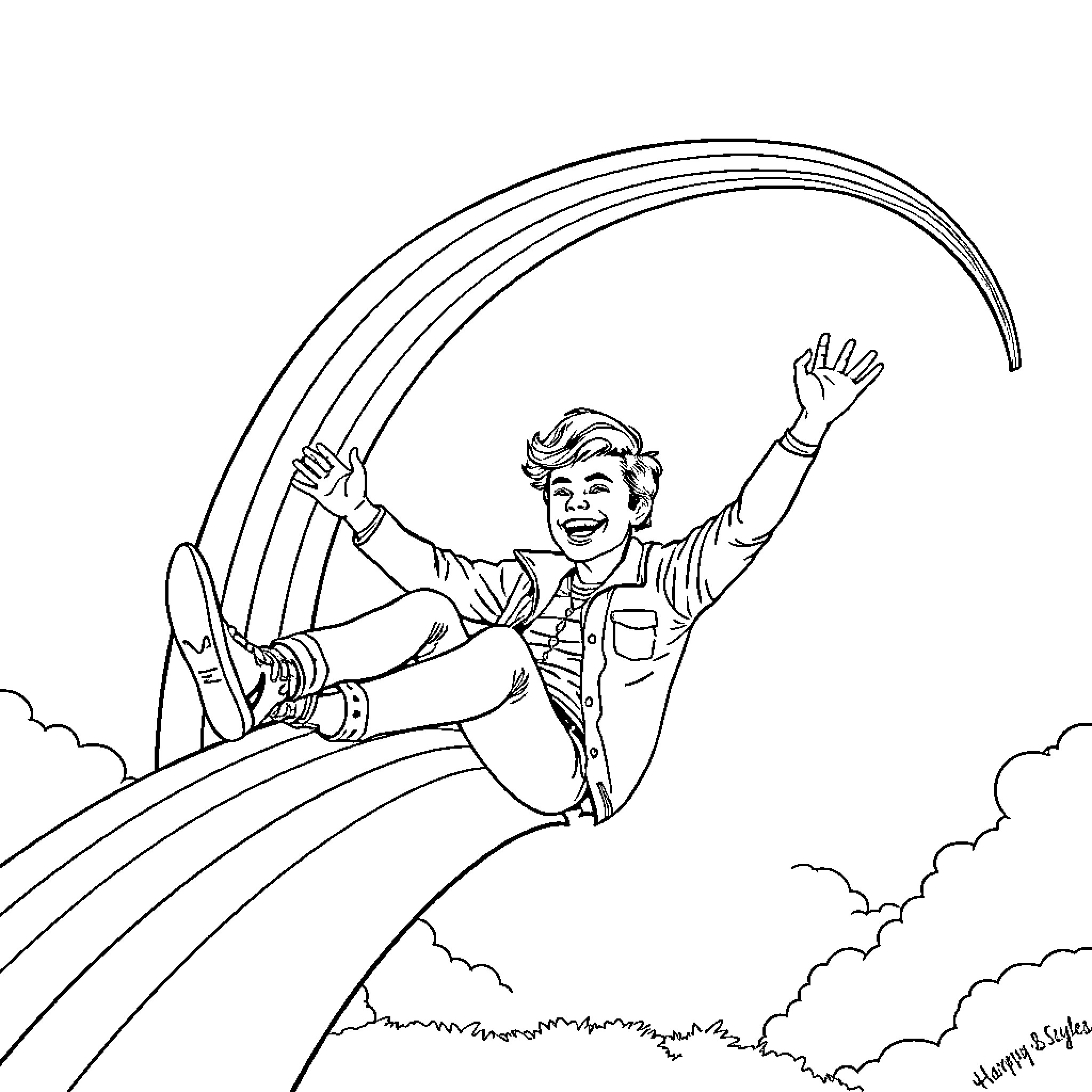 Harry Styles riding a colorful rainbow through the sky Coloring Page (free black-and-white line drawing printable PDF for all, from beginners to advanced learners, including children, teens, adults, and seniors)