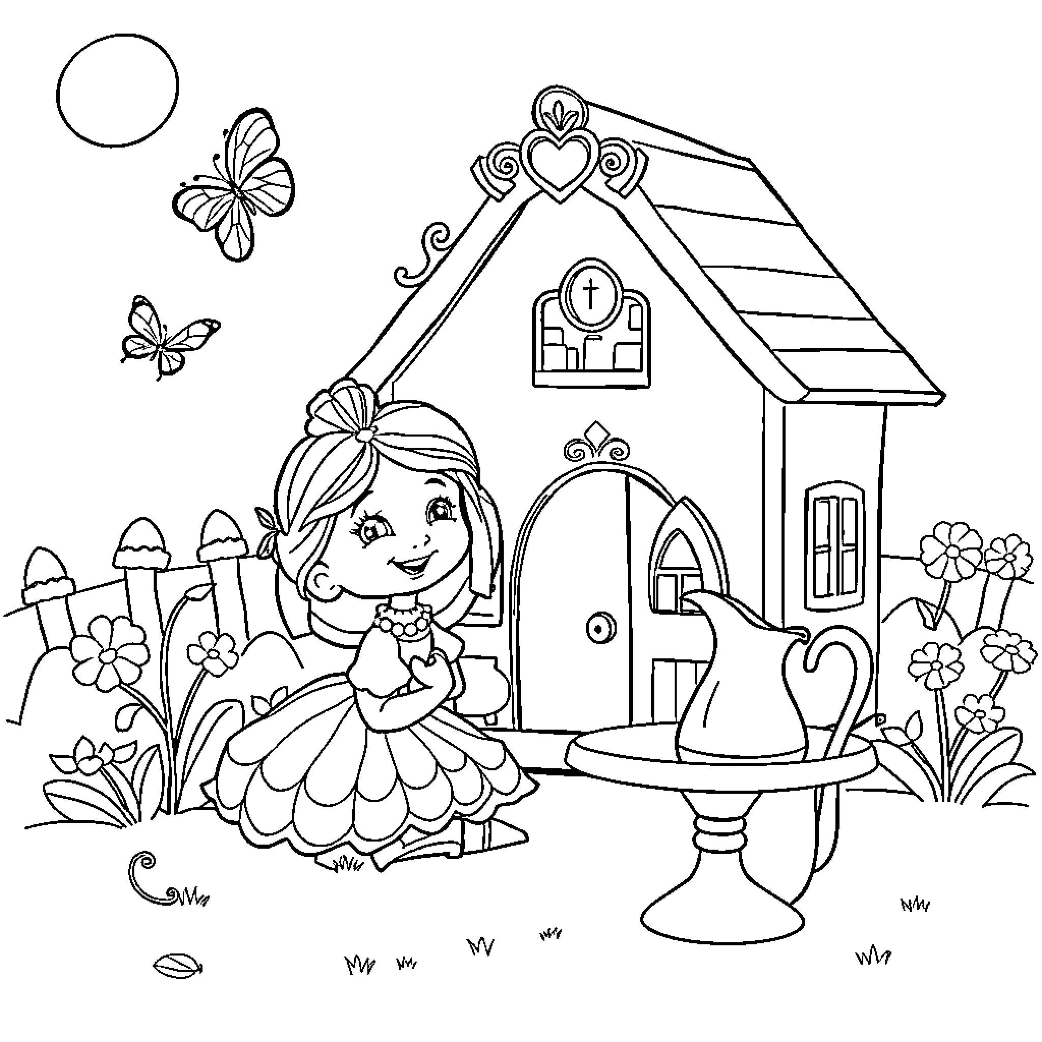 Princess exploring her whimsical garden home Coloring Page (free black-and-white line drawing printable PDF for all, from beginners to advanced learners, including children, teens, adults, and seniors)