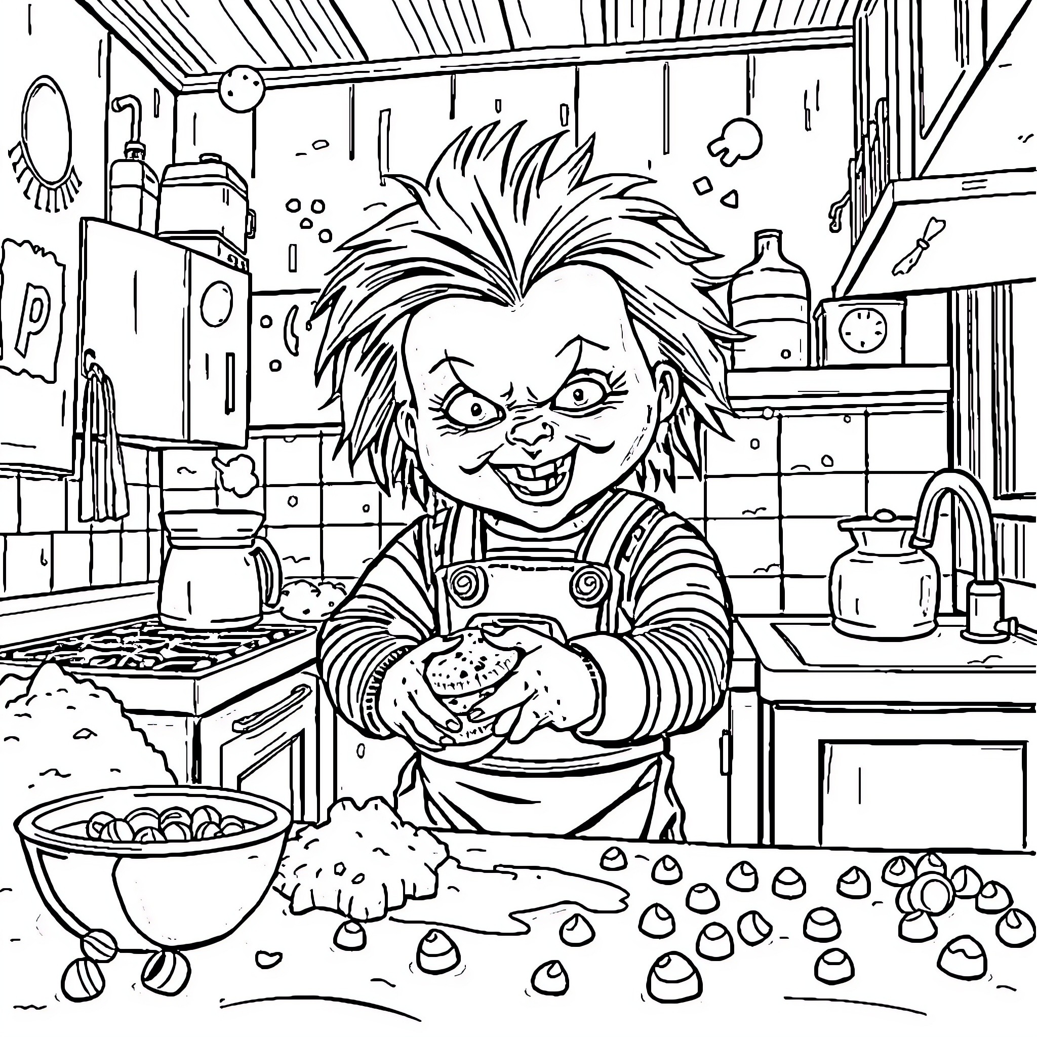 Chucky Cooking Up Mischief in the Kitchen Coloring Page (free black-and-white line drawing printable PDF for all, from beginners to advanced learners, including children, teens, adults, and seniors)