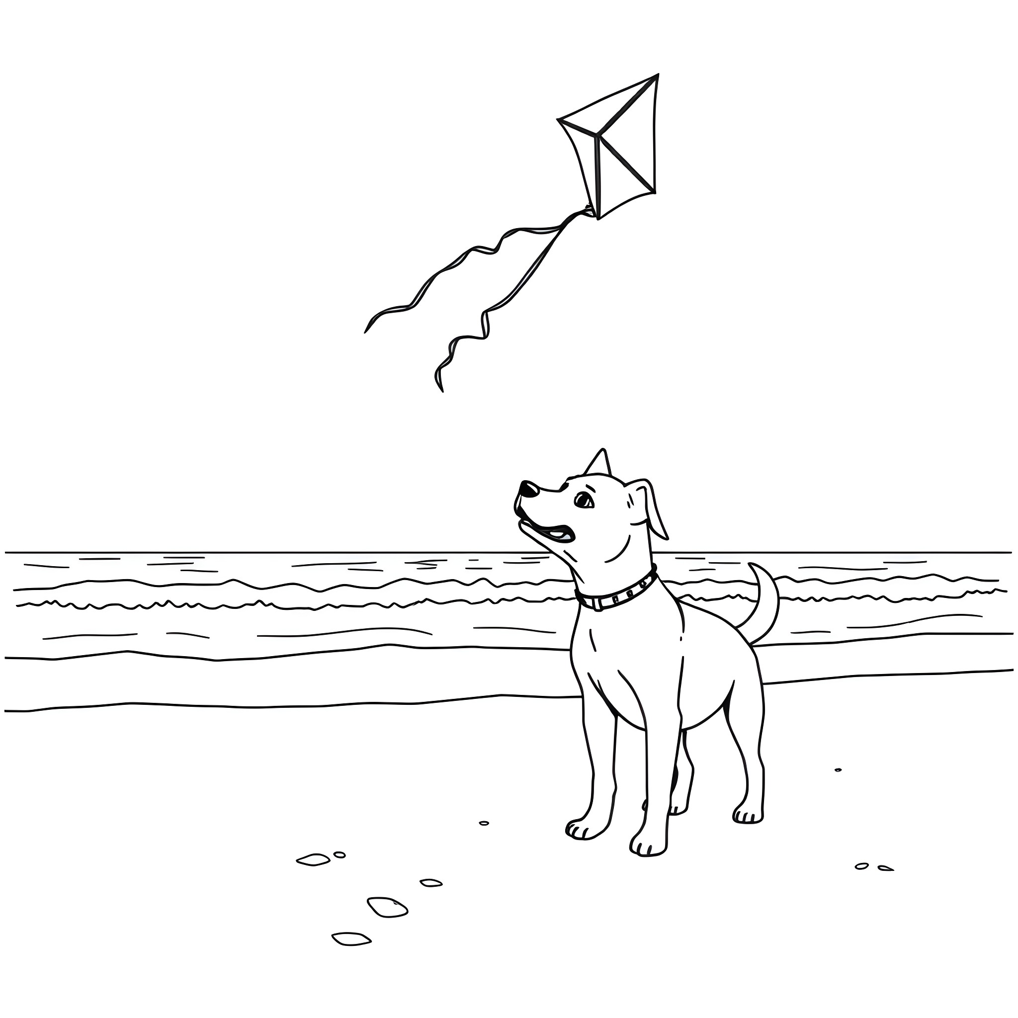 Dog watching kite fly at the beach Coloring Page (free black-and-white line drawing printable PDF for all, from beginners to advanced learners, including children, teens, adults, and seniors)