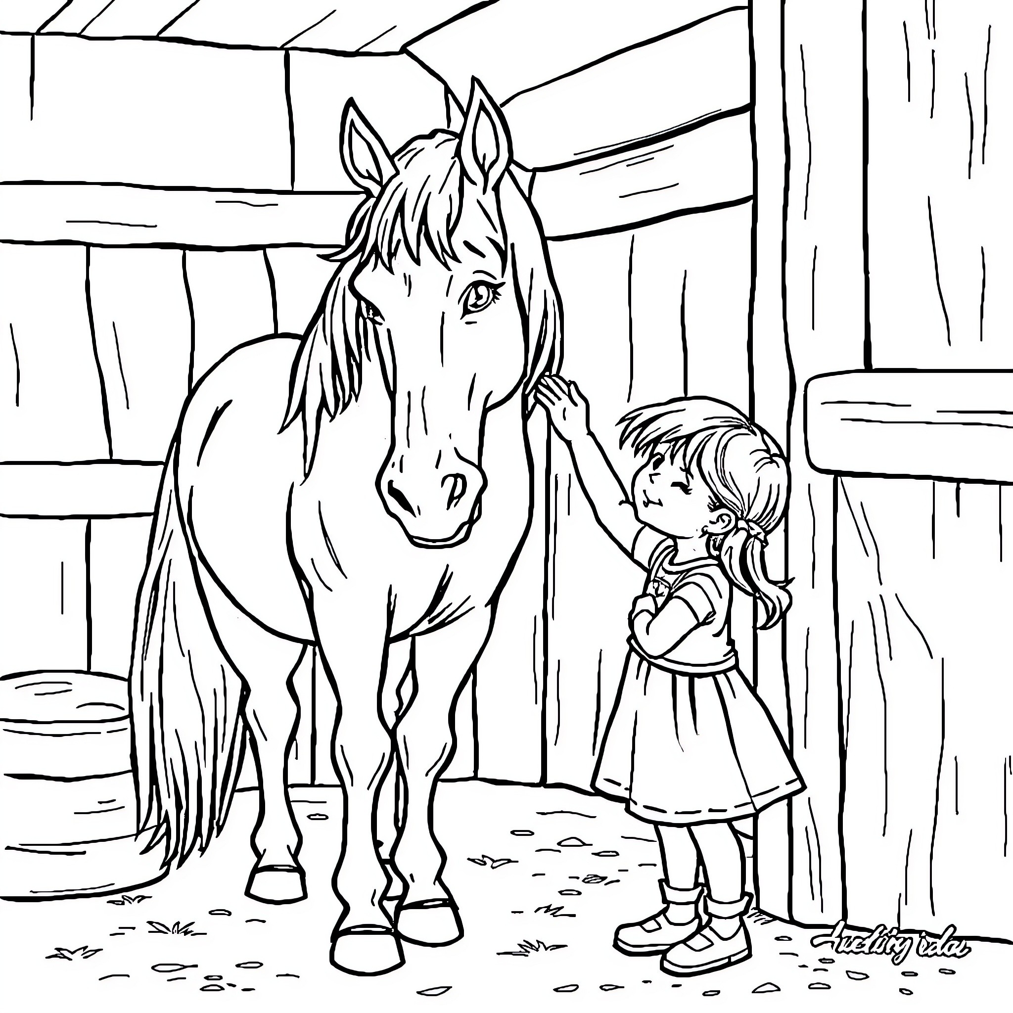 Horse and girl in a barn Coloring Page (free black-and-white line drawing printable PDF for all, from beginners to advanced learners, including children, teens, adults, and seniors)