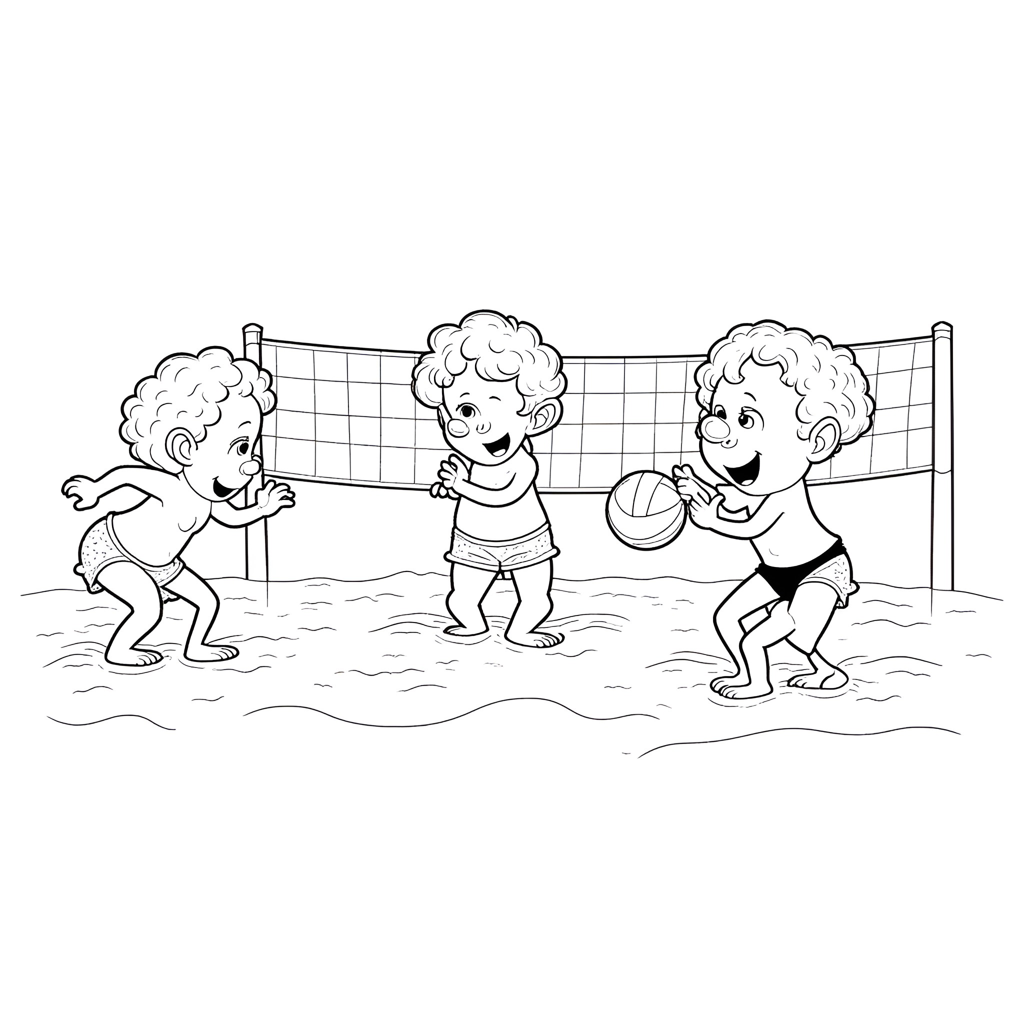 Garbage Pail Kid beach volleyball game Coloring Page (free black-and-white line drawing printable PDF for all, from beginners to advanced learners, including children, teens, adults, and seniors)