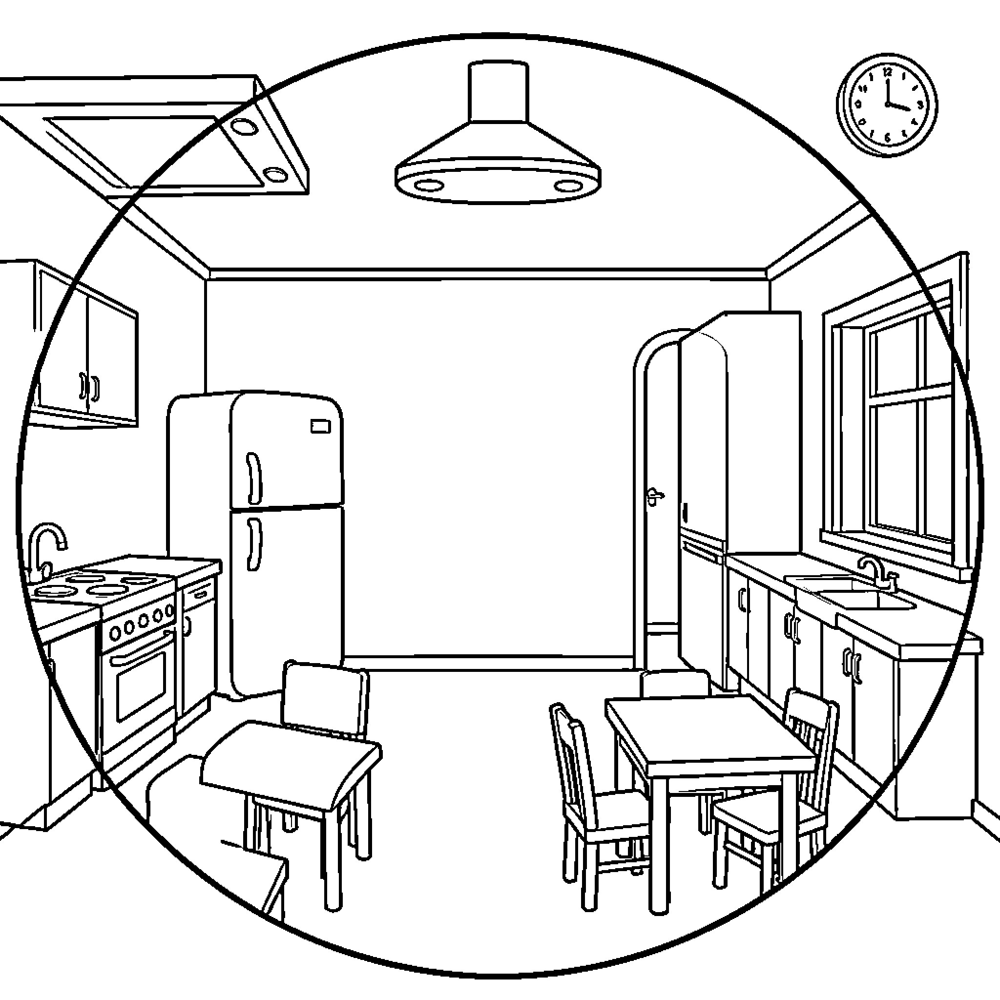 Kitchen interior with furniture and appliances Coloring Page (free black-and-white line drawing printable PDF for all, from beginners to advanced learners, including children, teens, adults, and seniors)