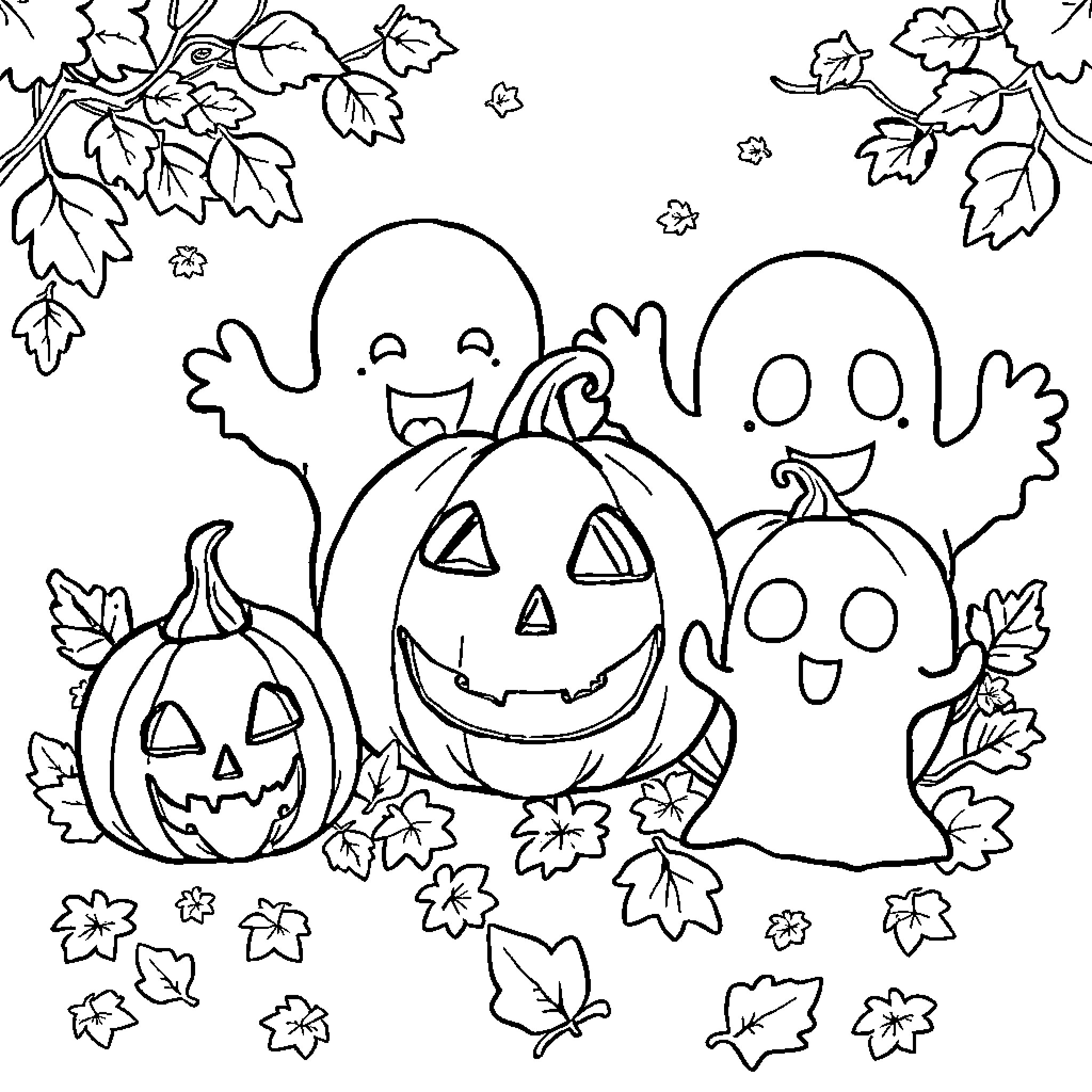 Samhain Celebrations with Pumpkins and Ghosts Coloring Page (free black-and-white line drawing printable PDF for all, from beginners to advanced learners, including children, teens, adults, and seniors)