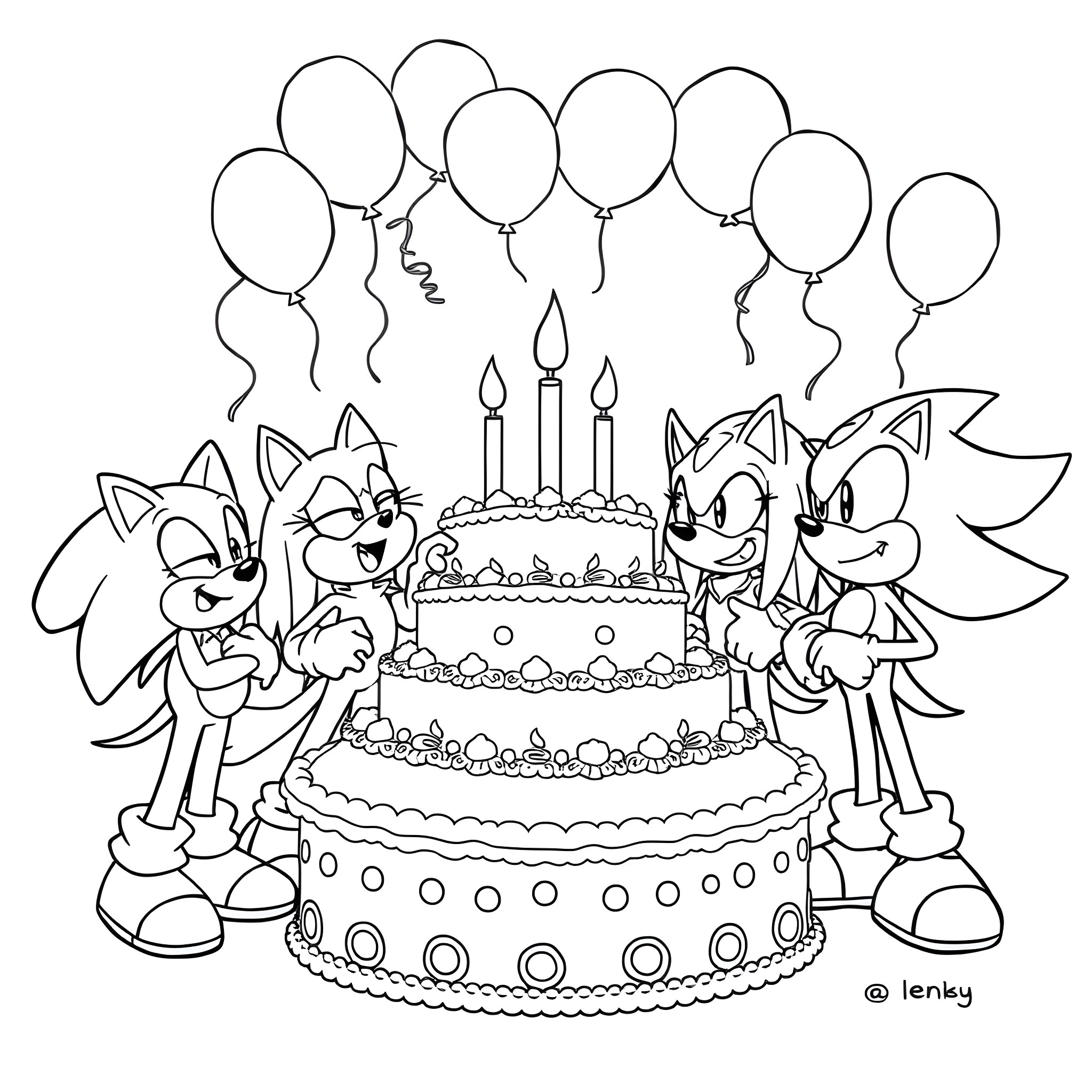 Sonic and friends celebrate with birthday cake and balloons Coloring Page (free black-and-white line drawing printable PDF for all, from beginners to advanced learners, including children, teens, adults, and seniors)