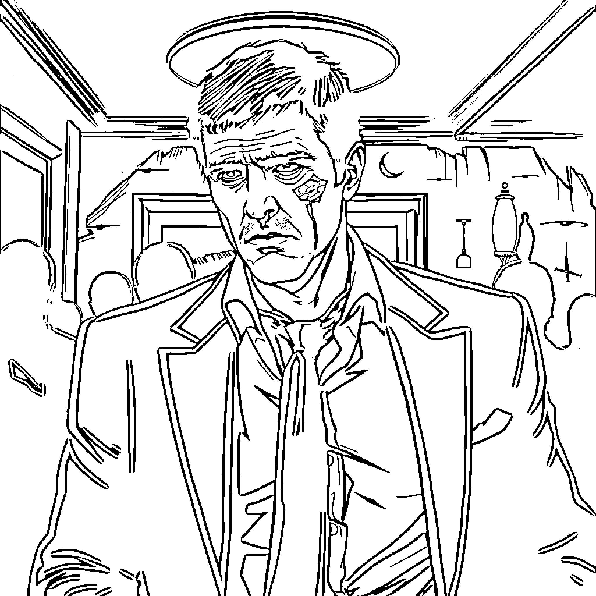 Scarface in a tense, dramatic scene Coloring Page (free black-and-white line drawing printable PDF for all, from beginners to advanced learners, including children, teens, adults, and seniors)