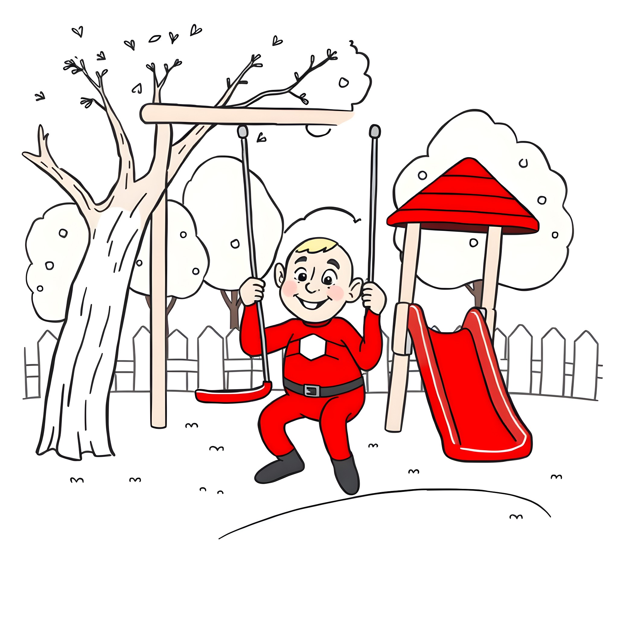 Wiggles and wiggles on the playground Coloring Page (free black-and-white line drawing printable PDF for all, from beginners to advanced learners, including children, teens, adults, and seniors)