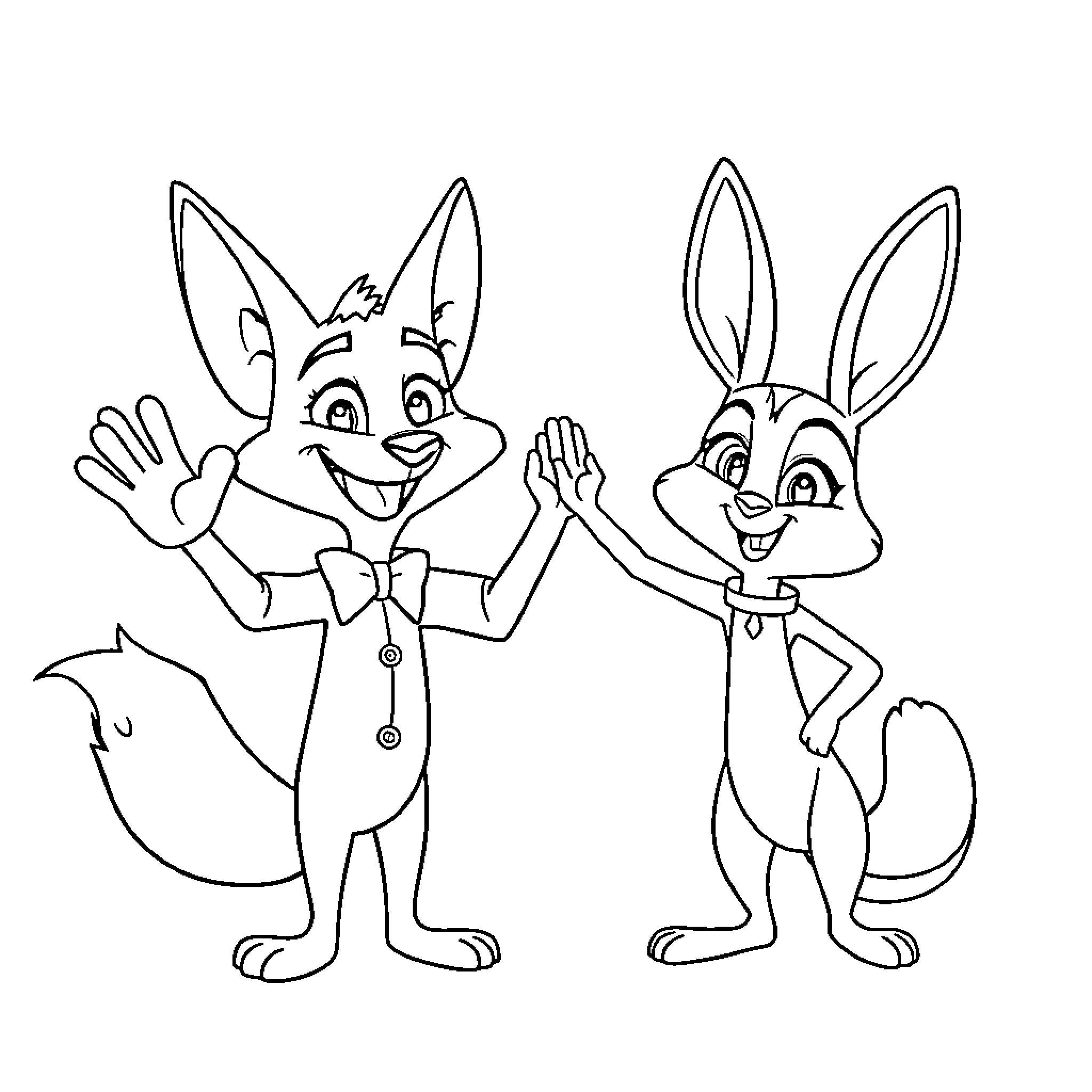 Nick Wilde and Judy Hopps waving cheerfully Coloring Page (free black-and-white line drawing printable PDF for all, from beginners to advanced learners, including children, teens, adults, and seniors)
