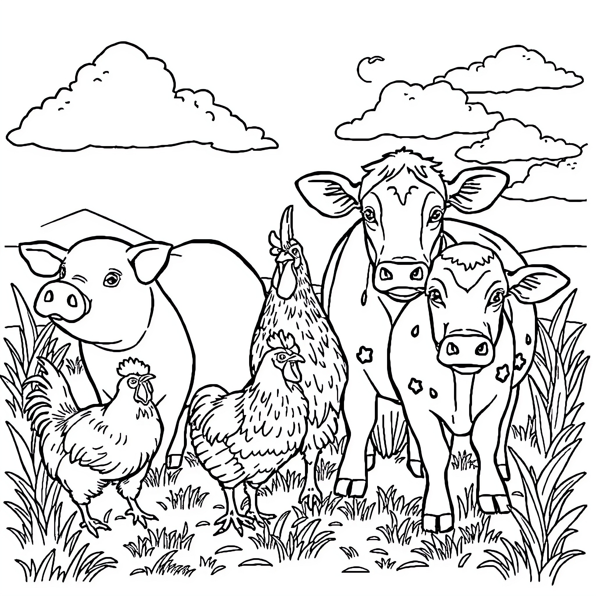 Farm Animal Gathering in a Pastoral Scene Coloring Page (free black-and-white line drawing printable PDF for all, from beginners to advanced learners, including children, teens, adults, and seniors)