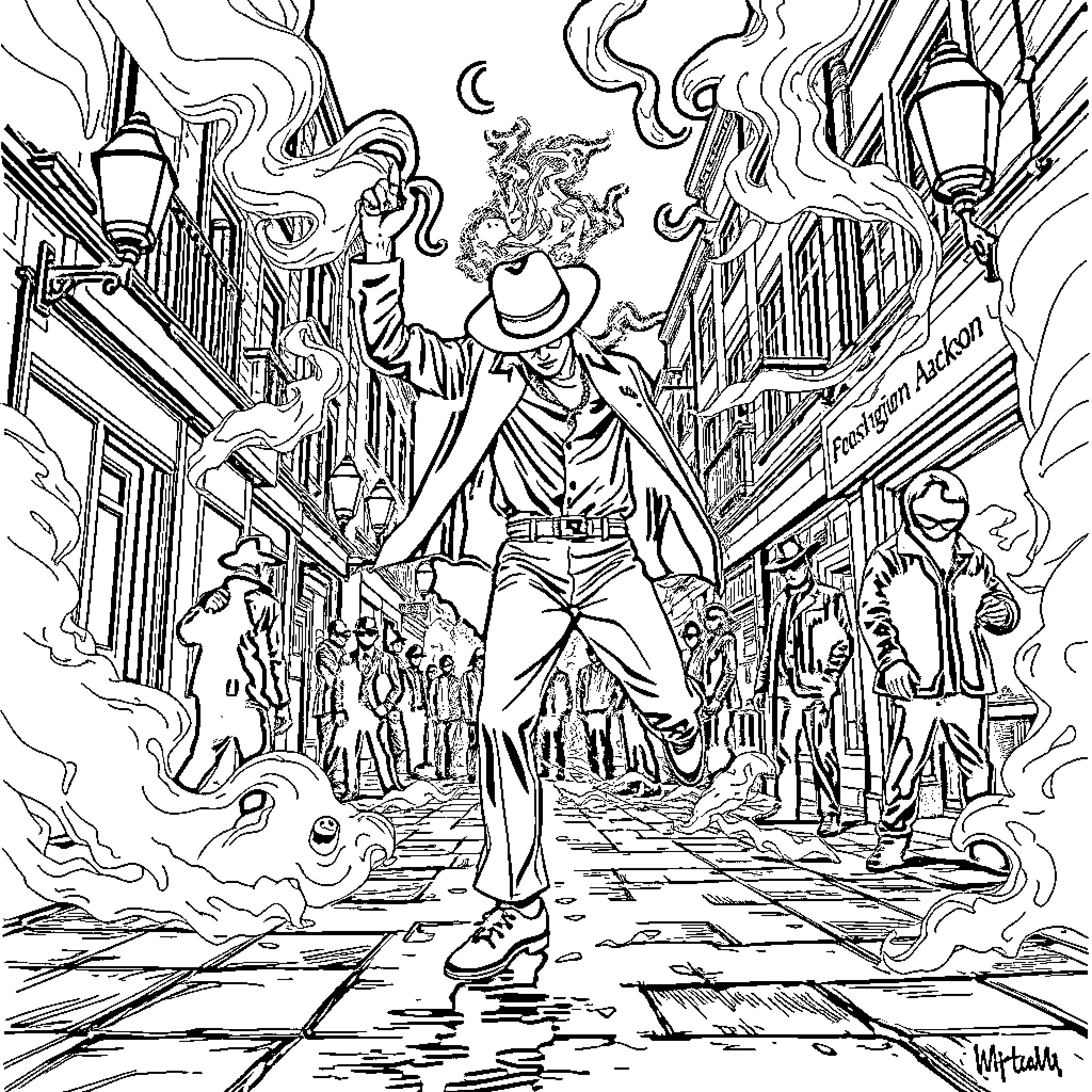 Michael Jackson's Animated Journey Through a Vibrant City Coloring Page (free black-and-white line drawing printable PDF for all, from beginners to advanced learners, including children, teens, adults, and seniors)