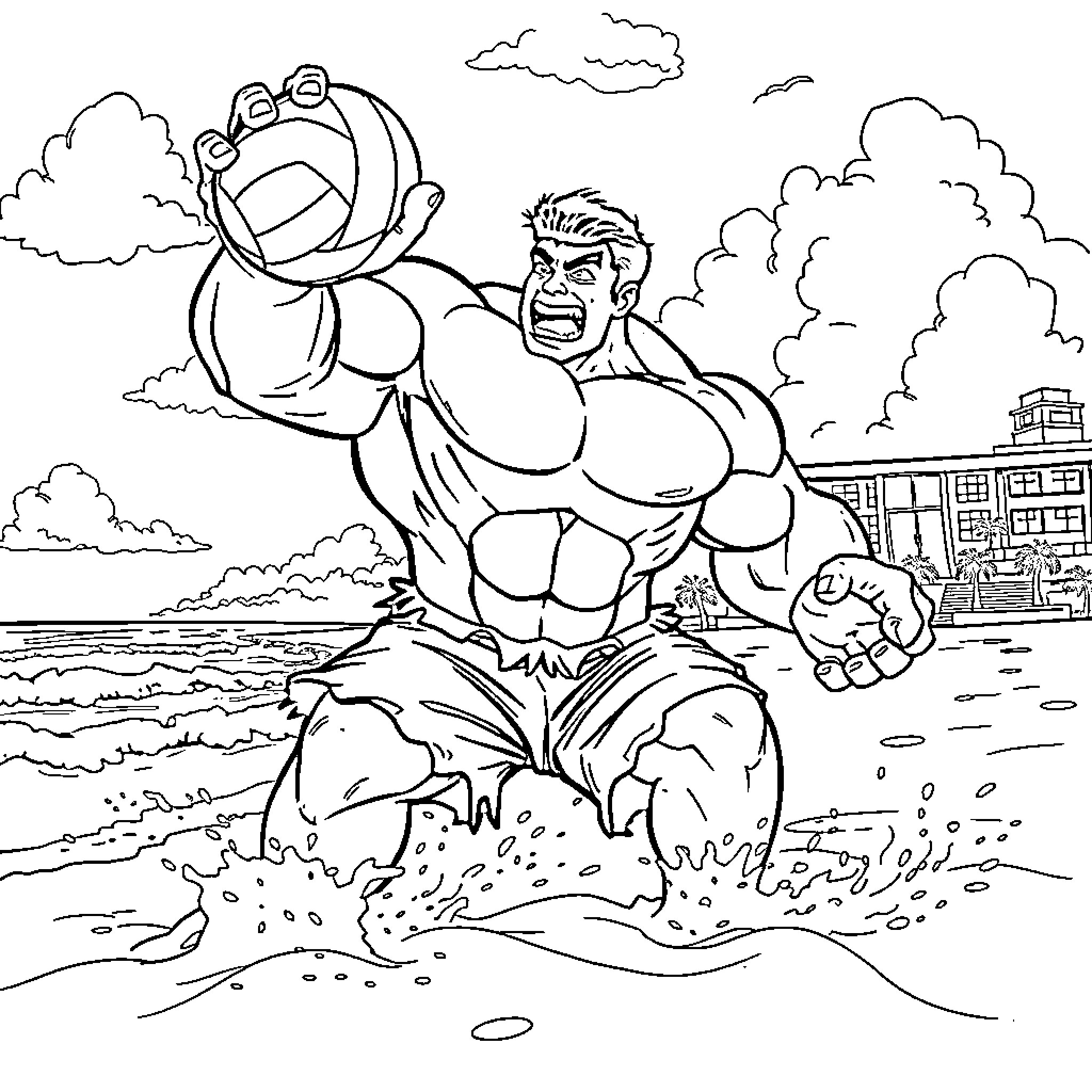 Hulk smashing through the city Coloring Page (free black-and-white line drawing printable PDF for all, from beginners to advanced learners, including children, teens, adults, and seniors)