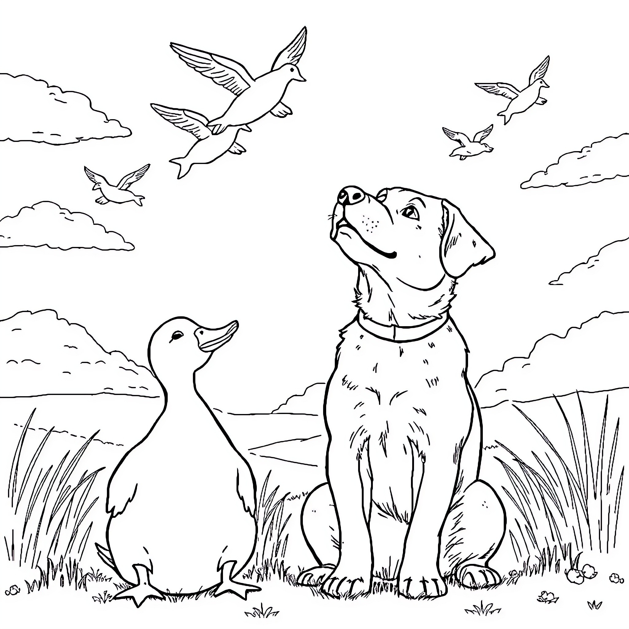 Dog Watching Birds Fly in Nature Coloring Page (free black-and-white line drawing printable PDF for all, from beginners to advanced learners, including children, teens, adults, and seniors)
