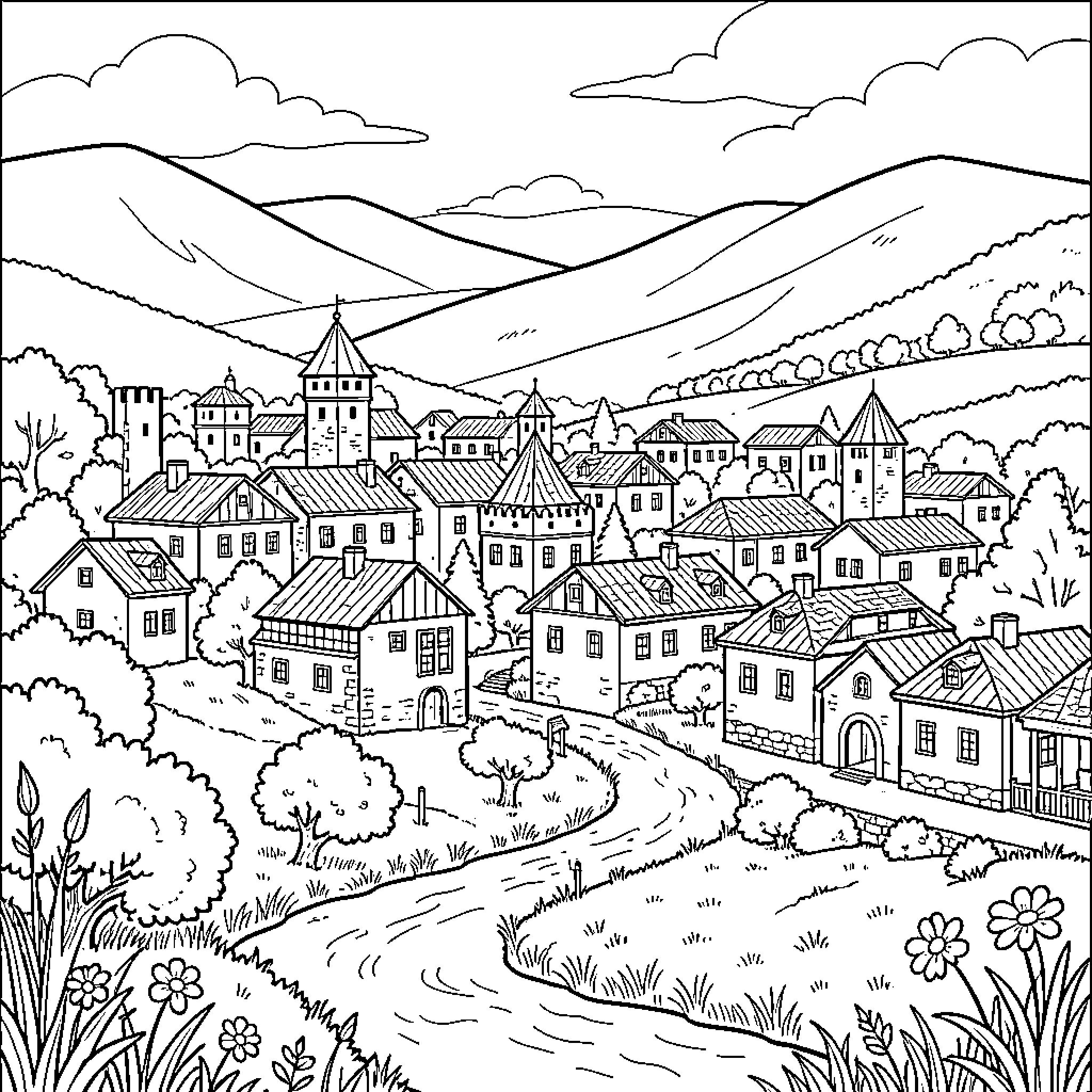 Srebrenik scenic town with historic architecture Coloring Page (free black-and-white line drawing printable PDF for all, from beginners to advanced learners, including children, teens, adults, and seniors)