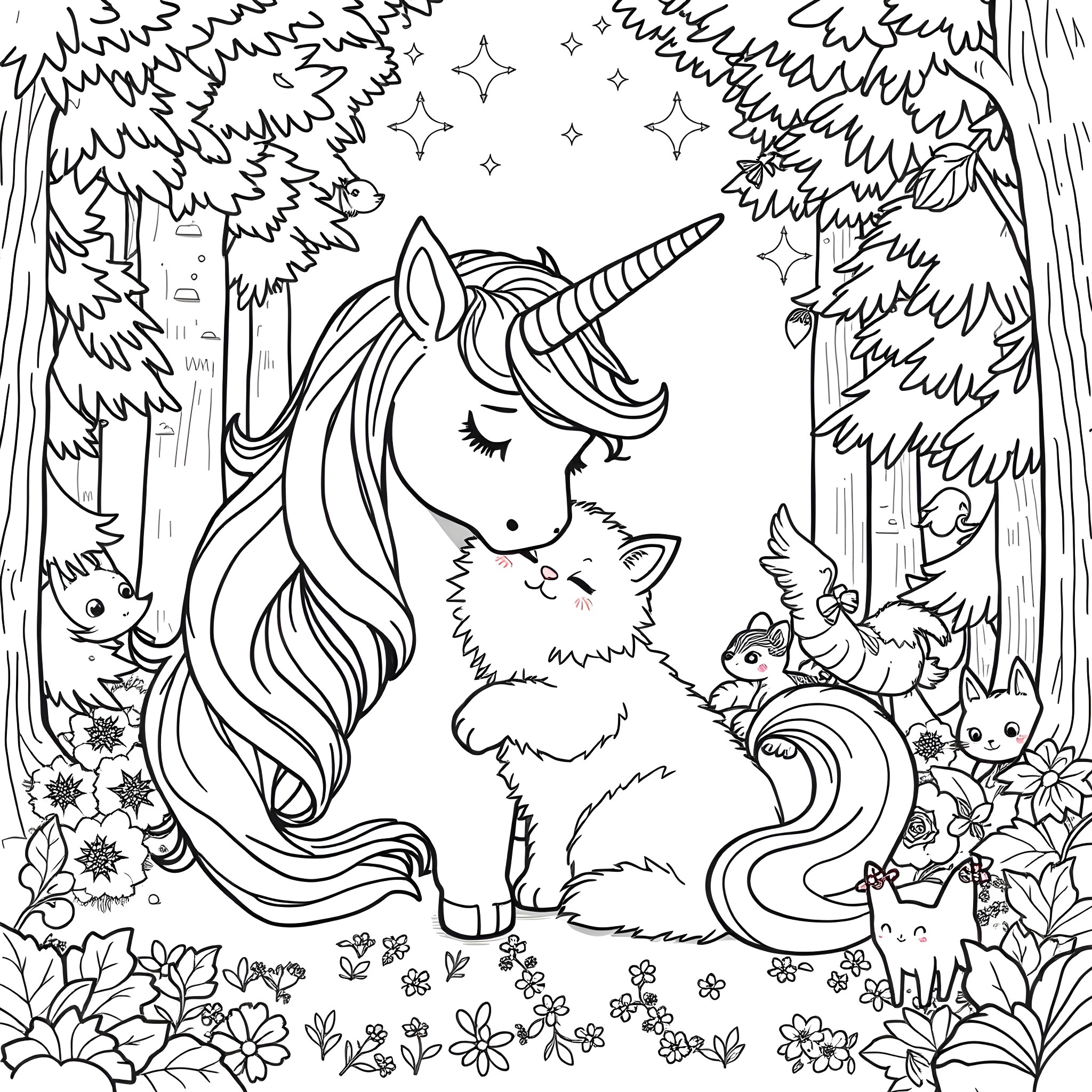 Unicorn and fluffy animals in enchanted forest Coloring Page (free black-and-white line drawing printable PDF for all, from beginners to advanced learners, including children, teens, adults, and seniors)