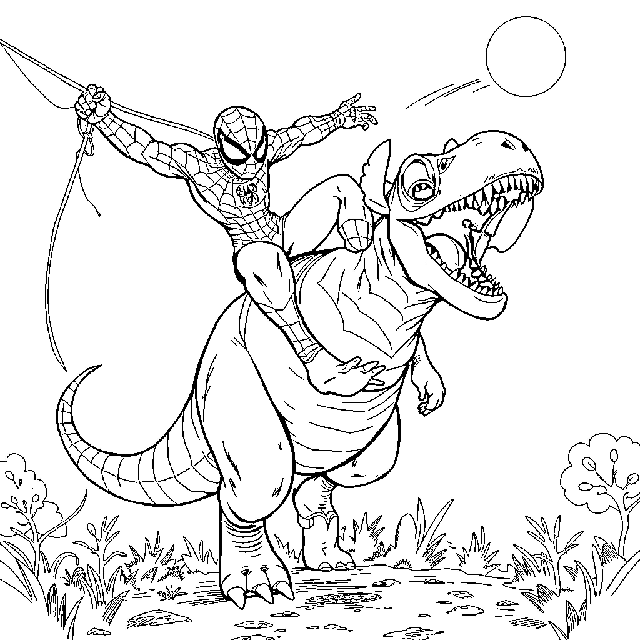 Spiderman battles a fearsome dinosaur in the wild Coloring Page (free black-and-white line drawing printable PDF for all, from beginners to advanced learners, including children, teens, adults, and seniors)
