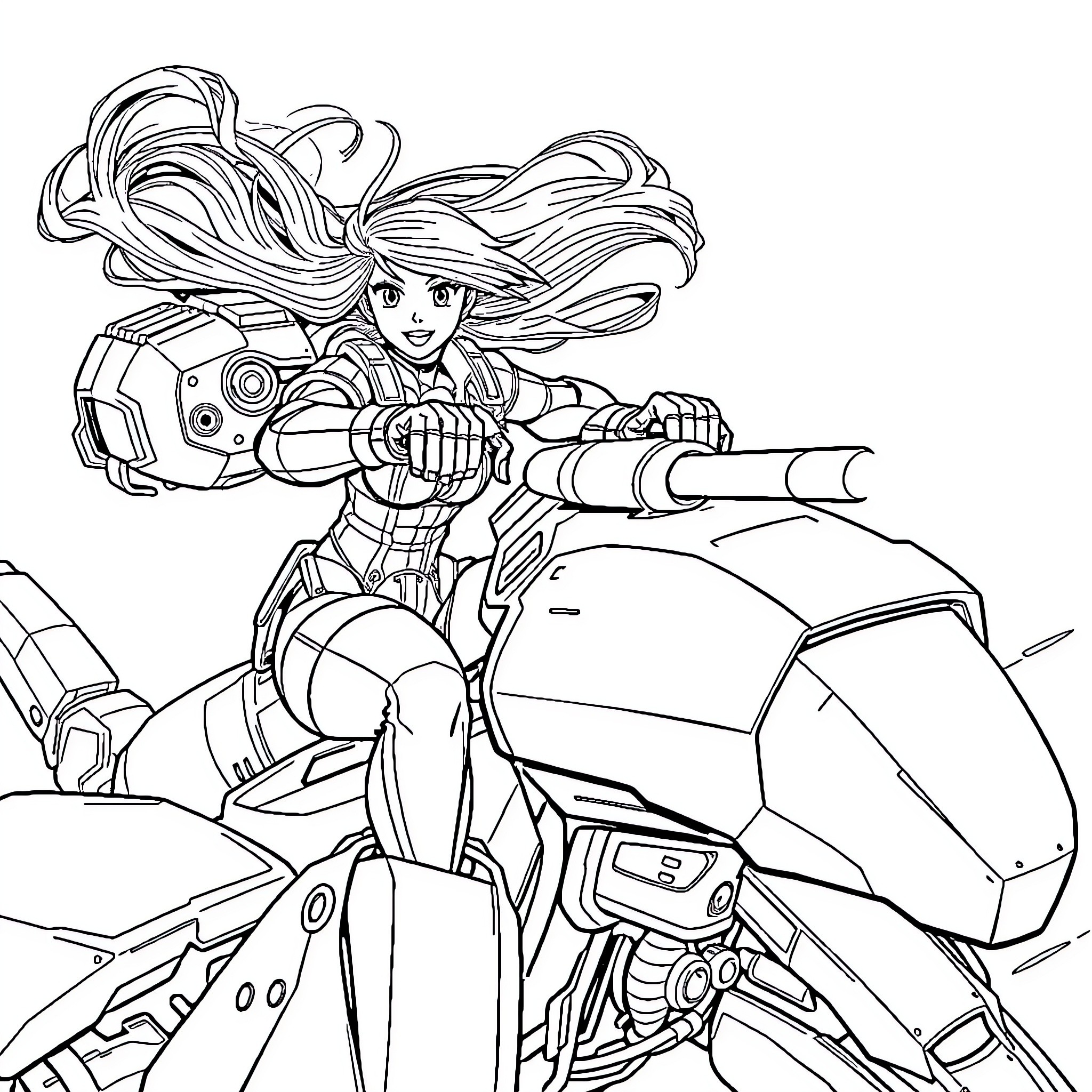 Yoko Littner Piloting Her Mecha in Action Coloring Page (free black-and-white line drawing printable PDF for all, from beginners to advanced learners, including children, teens, adults, and seniors)