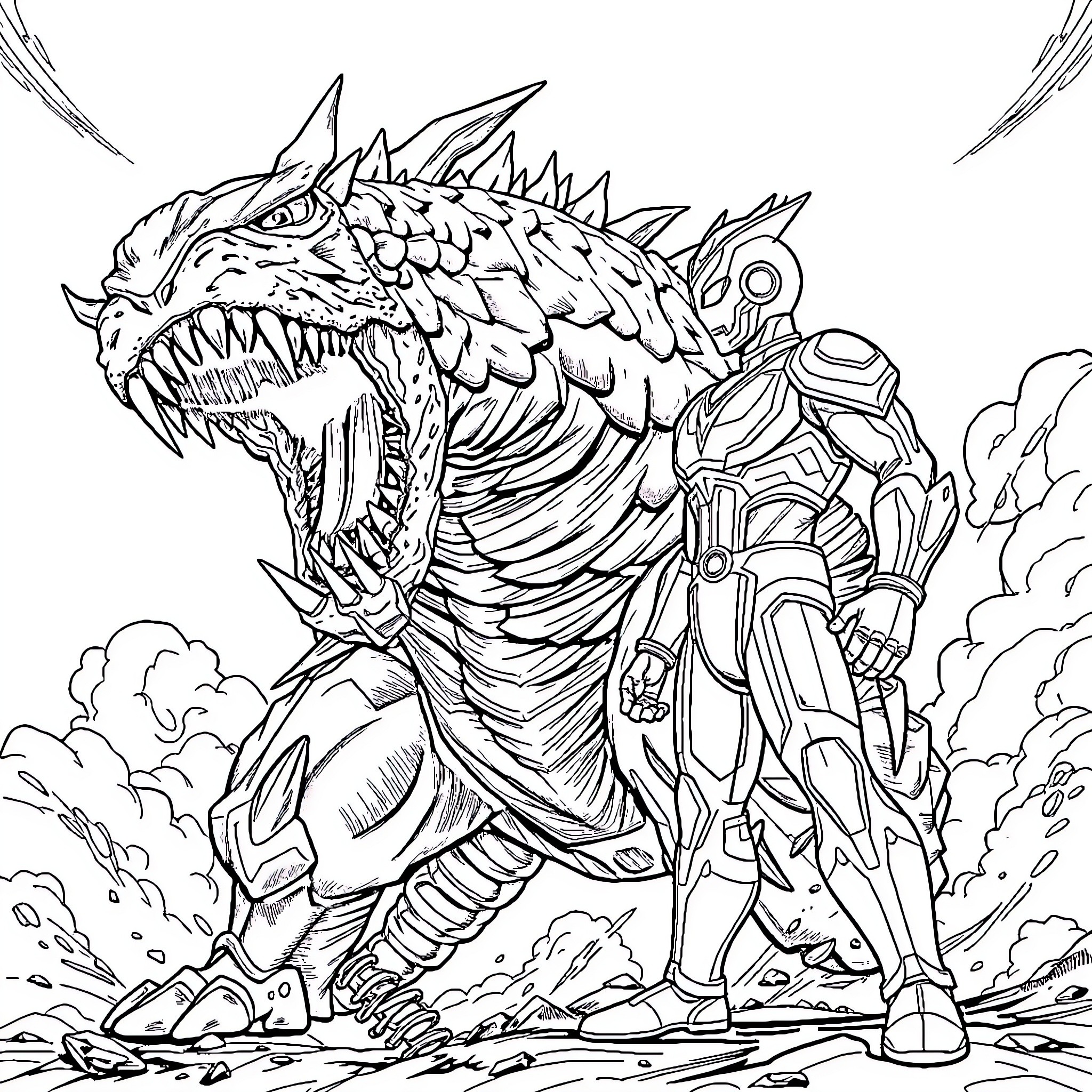 Monster Battling Giant Ferocious Creature in Ruins Coloring Page (free black-and-white line drawing printable PDF for all, from beginners to advanced learners, including children, teens, adults, and seniors)