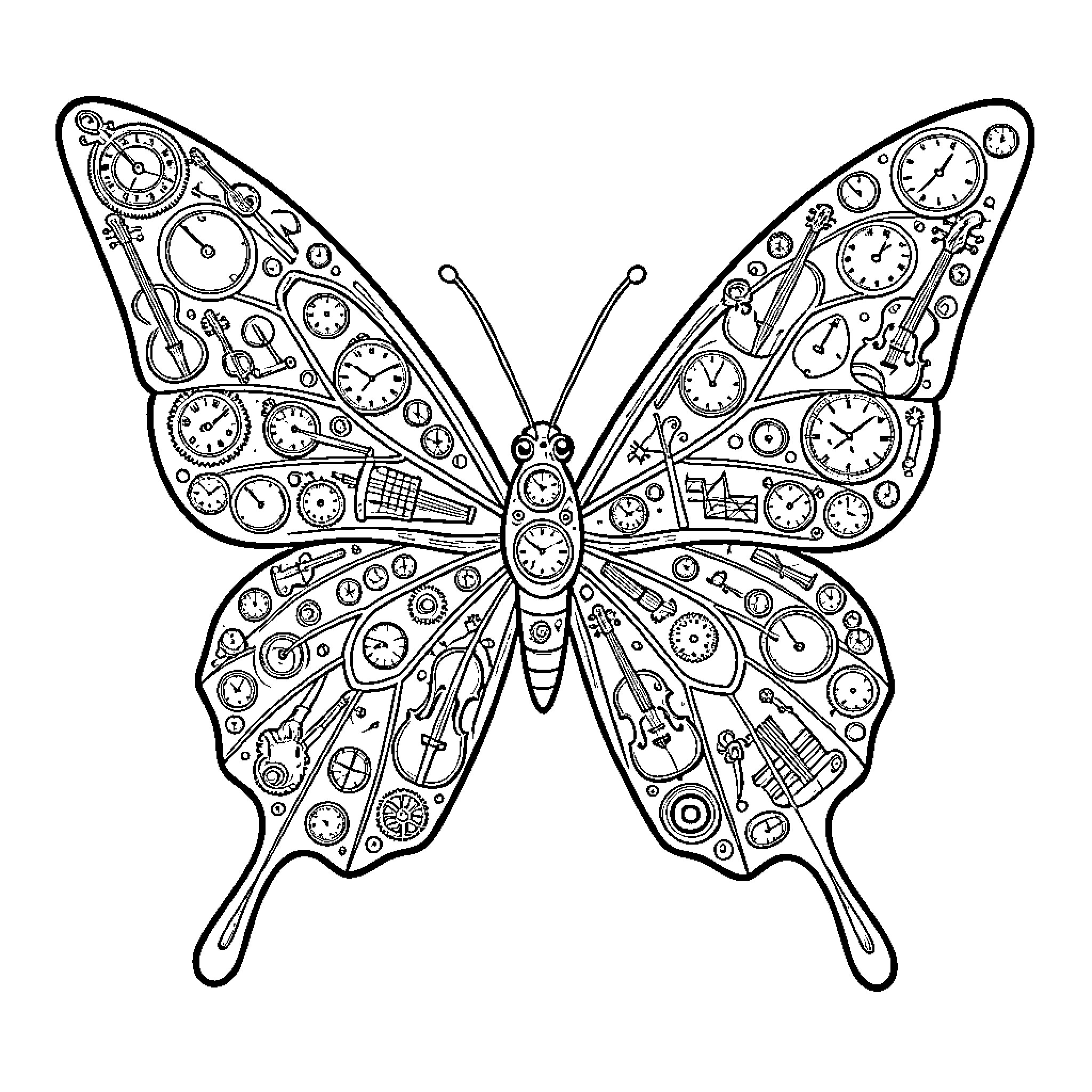 Butterfly made of mechanical parts and timepieces Coloring Page (free black-and-white line drawing printable PDF for all, from beginners to advanced learners, including children, teens, adults, and seniors)