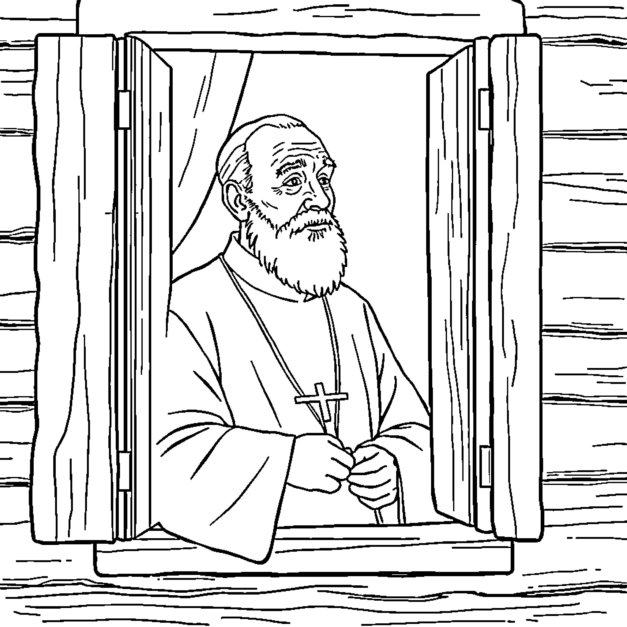 Padre Pio in contemplation at church window Coloring Page (free black-and-white line drawing printable PDF for all, from beginners to advanced learners, including children, teens, adults, and seniors)