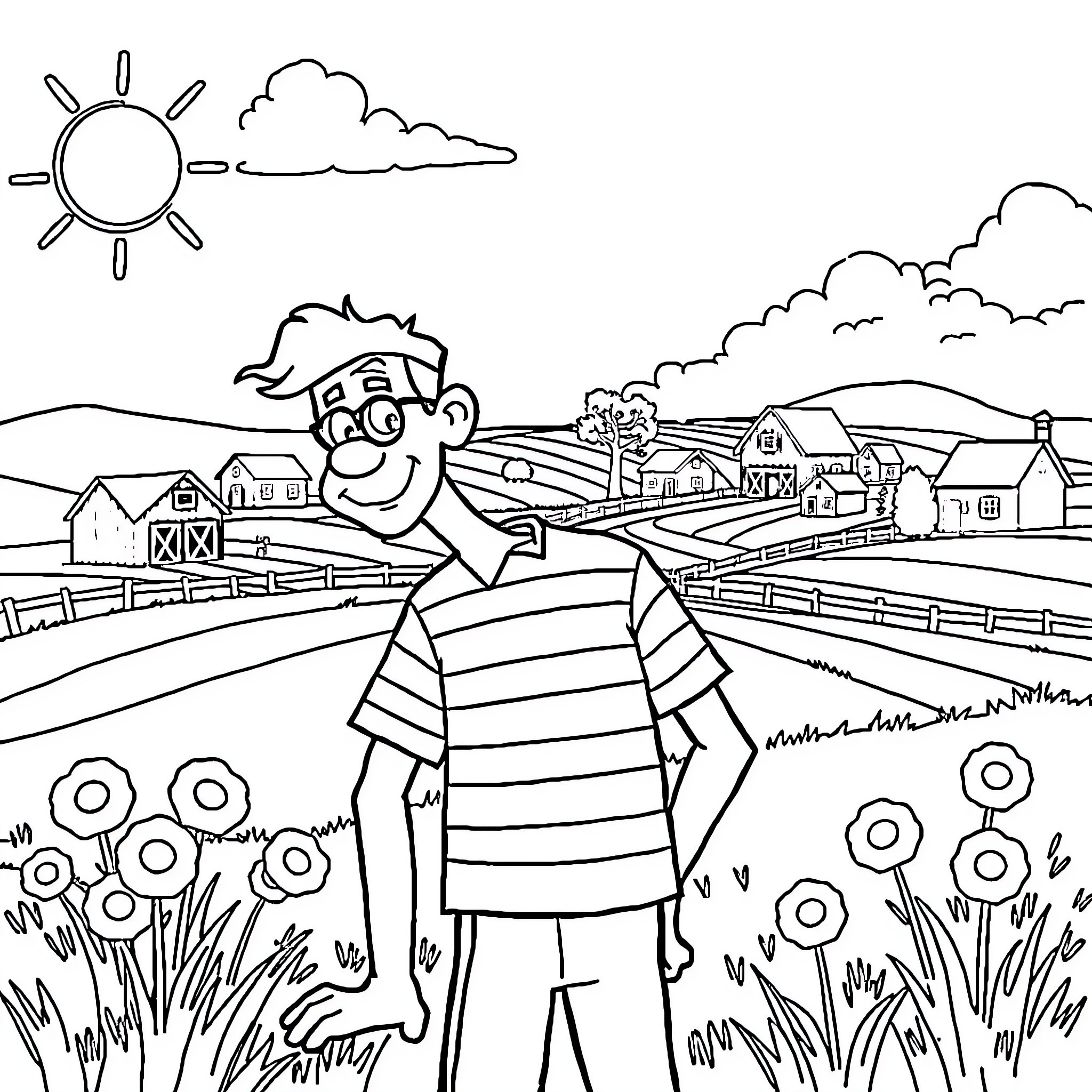 Waldo exploring the lively countryside landscape Coloring Page (free black-and-white line drawing printable PDF for all, from beginners to advanced learners, including children, teens, adults, and seniors)