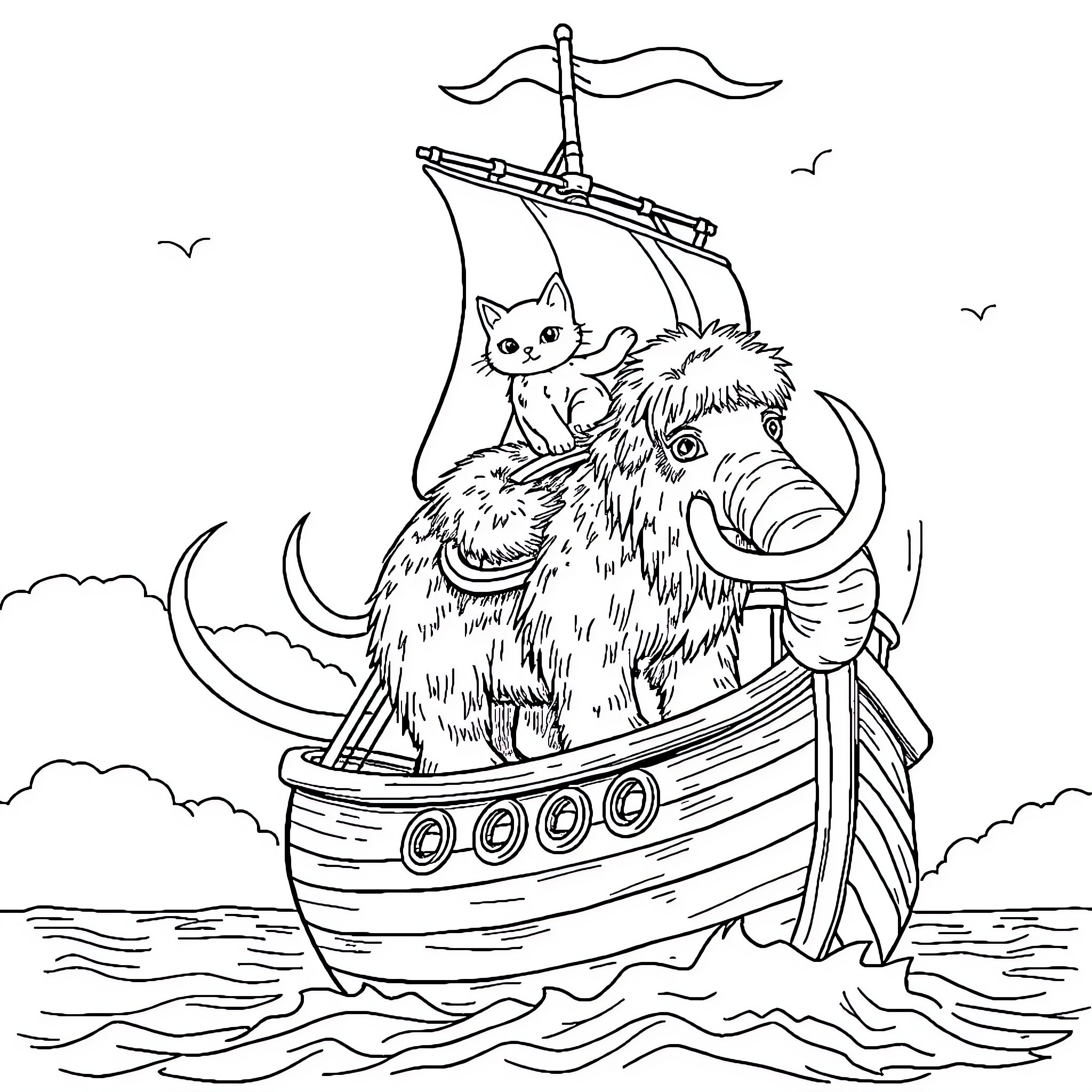 Cat sailing on a Viking ship with woolly mammoth Coloring Page (free black-and-white line drawing printable PDF for all, from beginners to advanced learners, including children, teens, adults, and seniors)