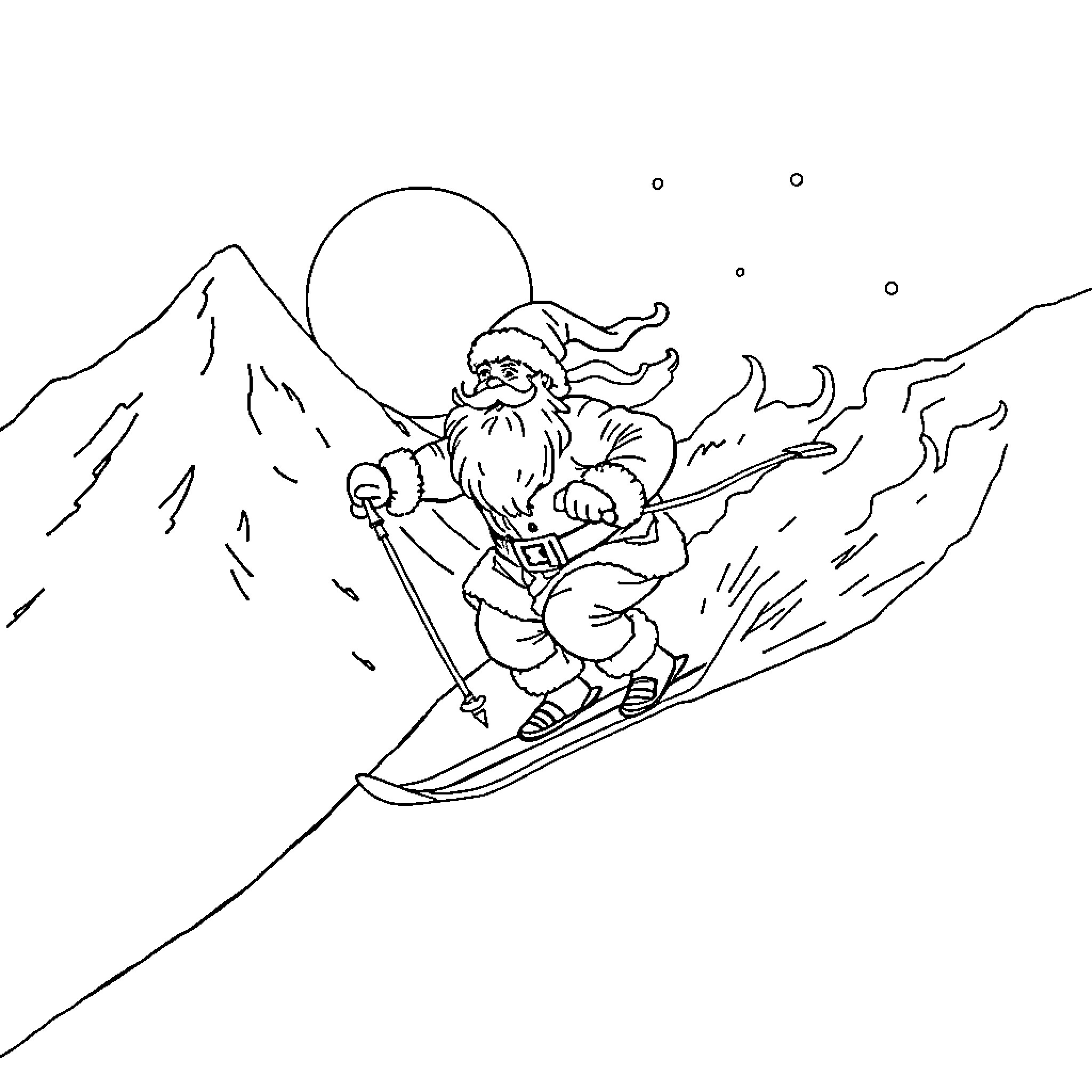 Santa skiing down a snowy mountain Coloring Page (free black-and-white line drawing printable PDF for all, from beginners to advanced learners, including children, teens, adults, and seniors)