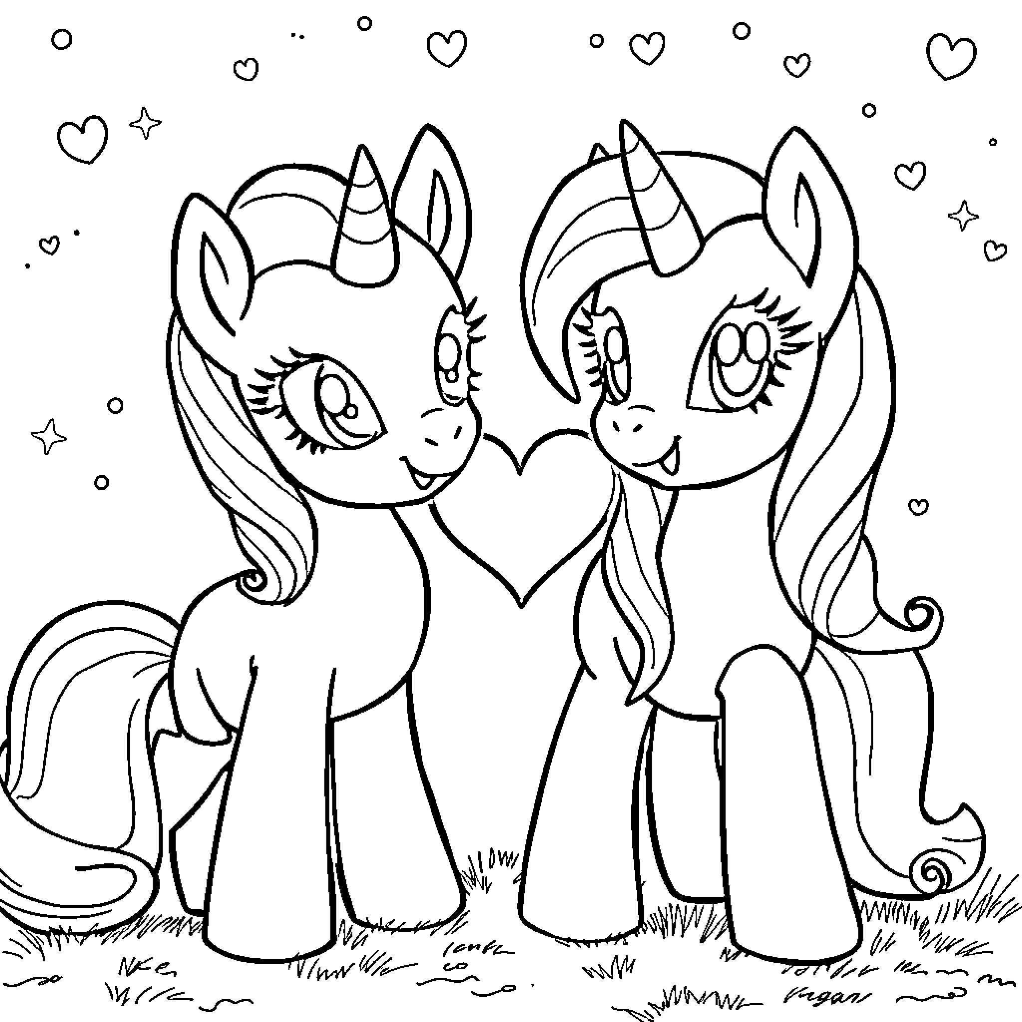 Pony friends enjoying each other's company Coloring Page (free black-and-white line drawing printable PDF for all, from beginners to advanced learners, including children, teens, adults, and seniors)