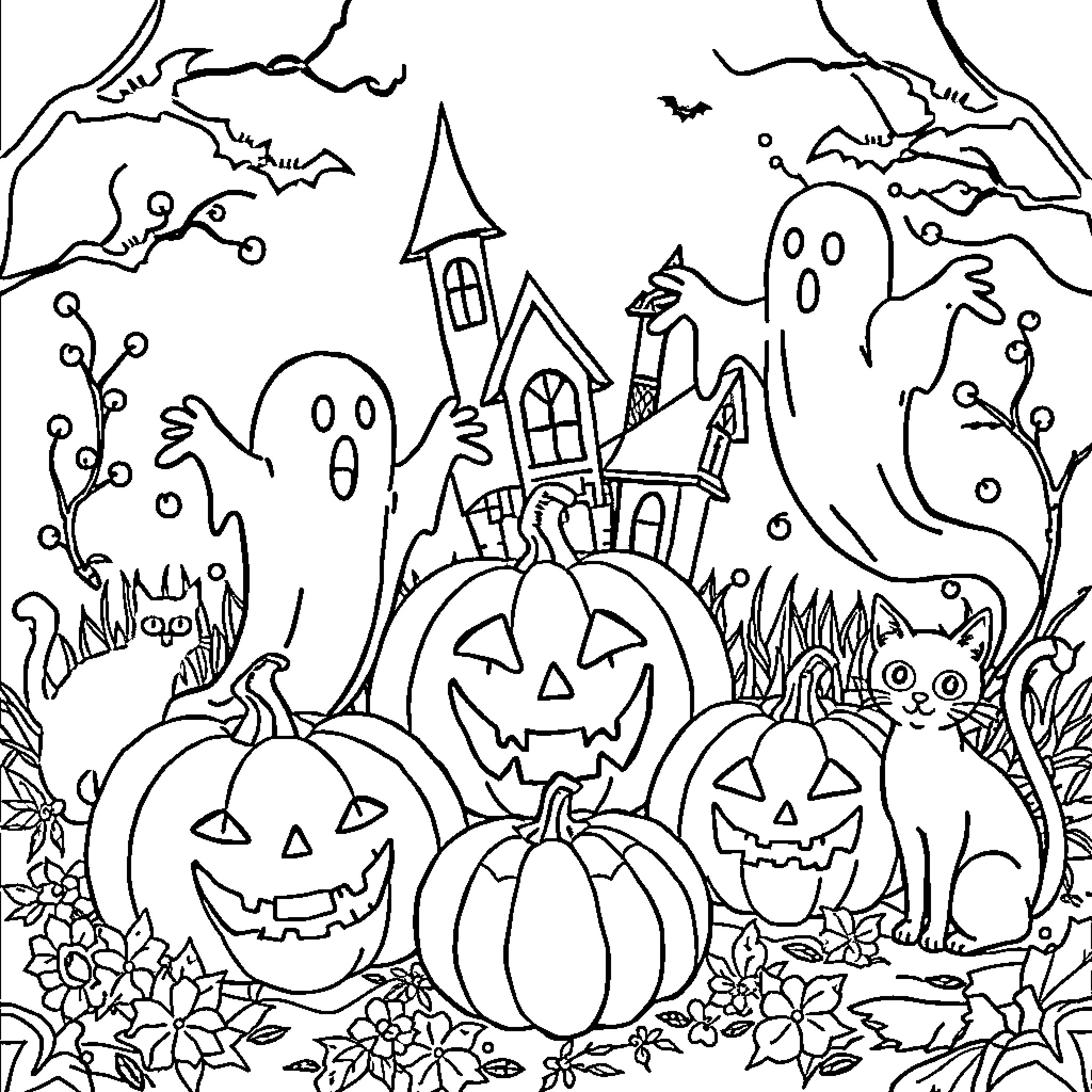 Halloween haunted house with ghosts and pumpkins Coloring Page (free black-and-white line drawing printable PDF for all, from beginners to advanced learners, including children, teens, adults, and seniors)
