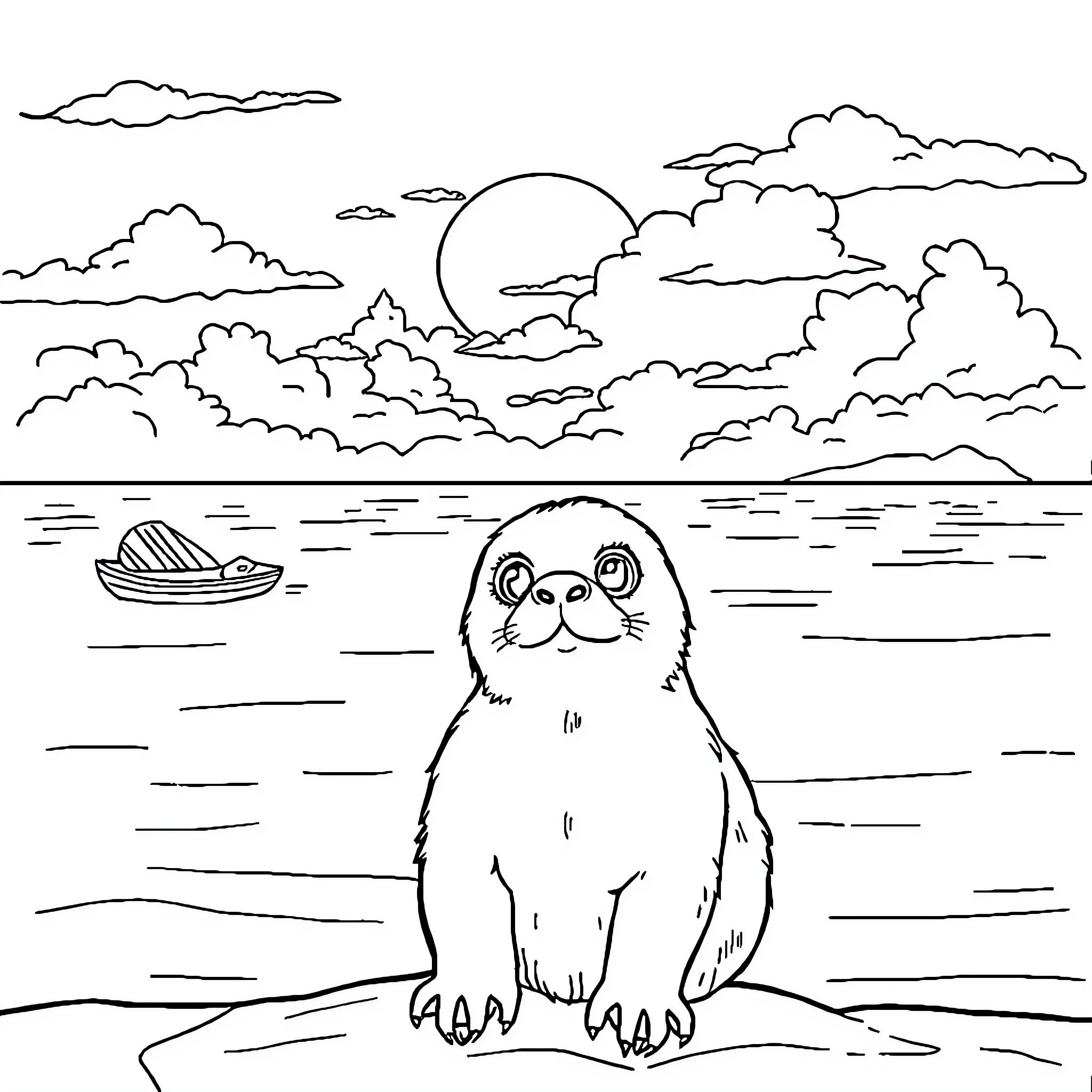 Cat enjoying a tranquil seaside view Coloring Page (free black-and-white line drawing printable PDF for all, from beginners to advanced learners, including children, teens, adults, and seniors)
