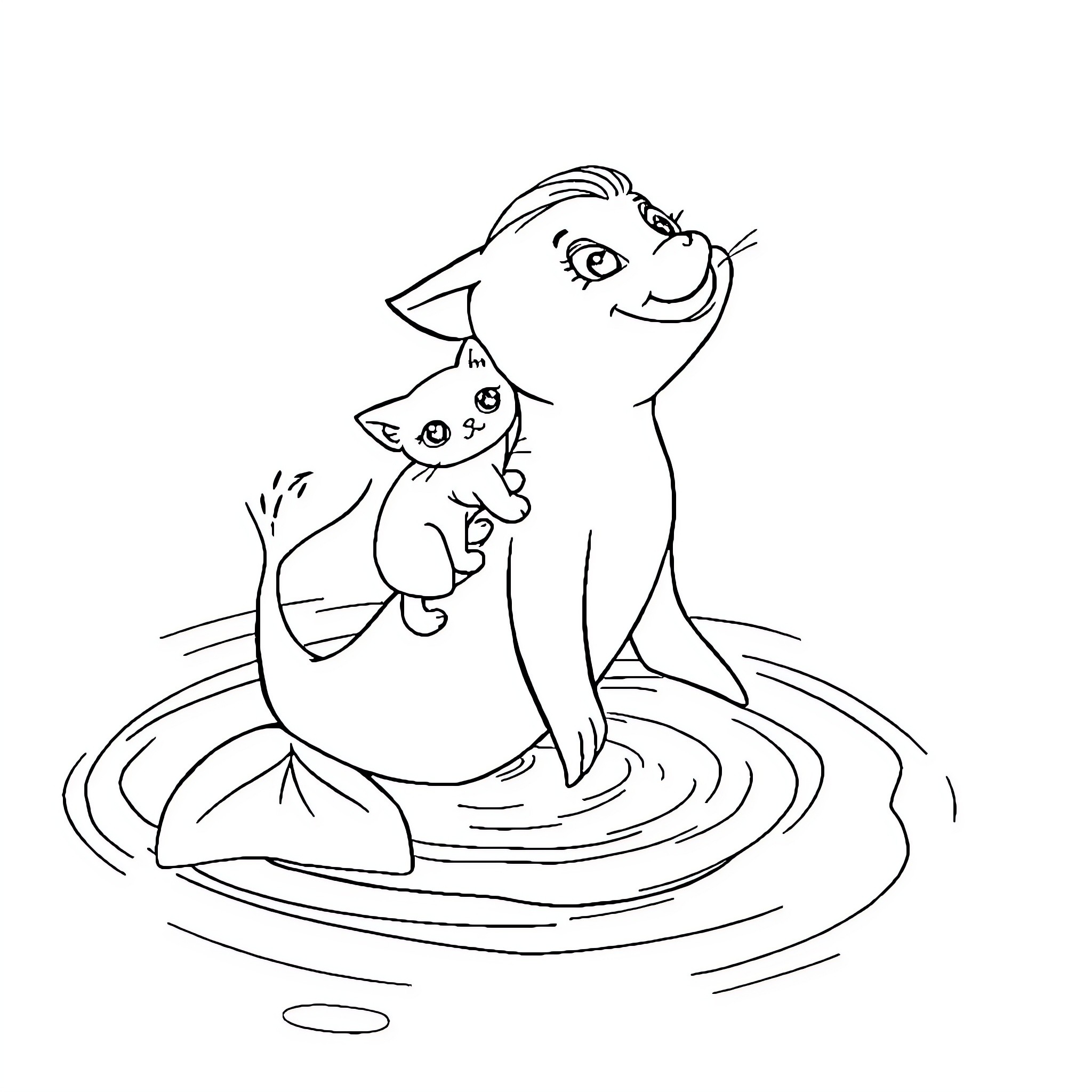 Mermaid and her pet playing in the water Coloring Page (free black-and-white line drawing printable PDF for all, from beginners to advanced learners, including children, teens, adults, and seniors)