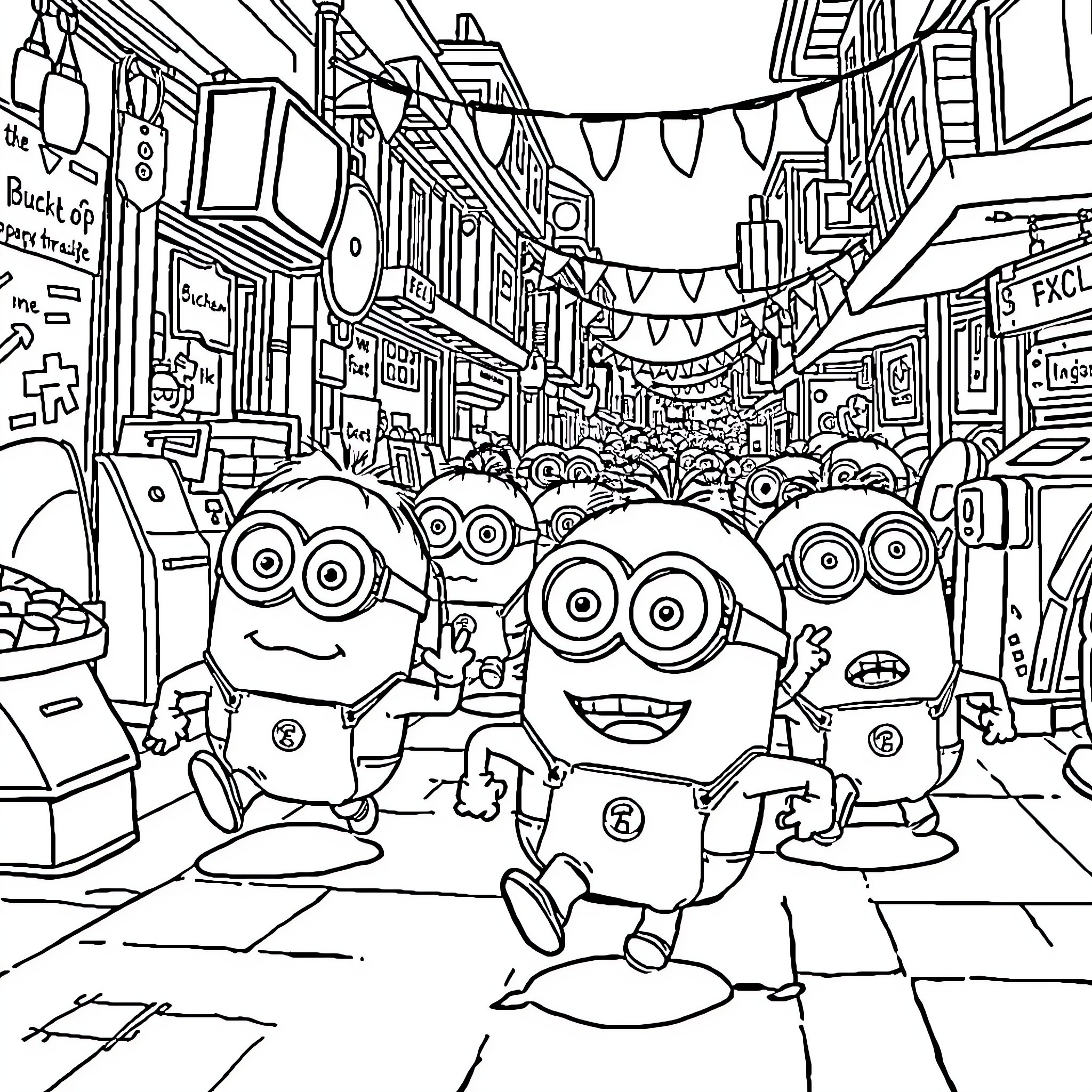 Minions Exploring a Lively Street Scene Coloring Page (free black-and-white line drawing printable PDF for all, from beginners to advanced learners, including children, teens, adults, and seniors)