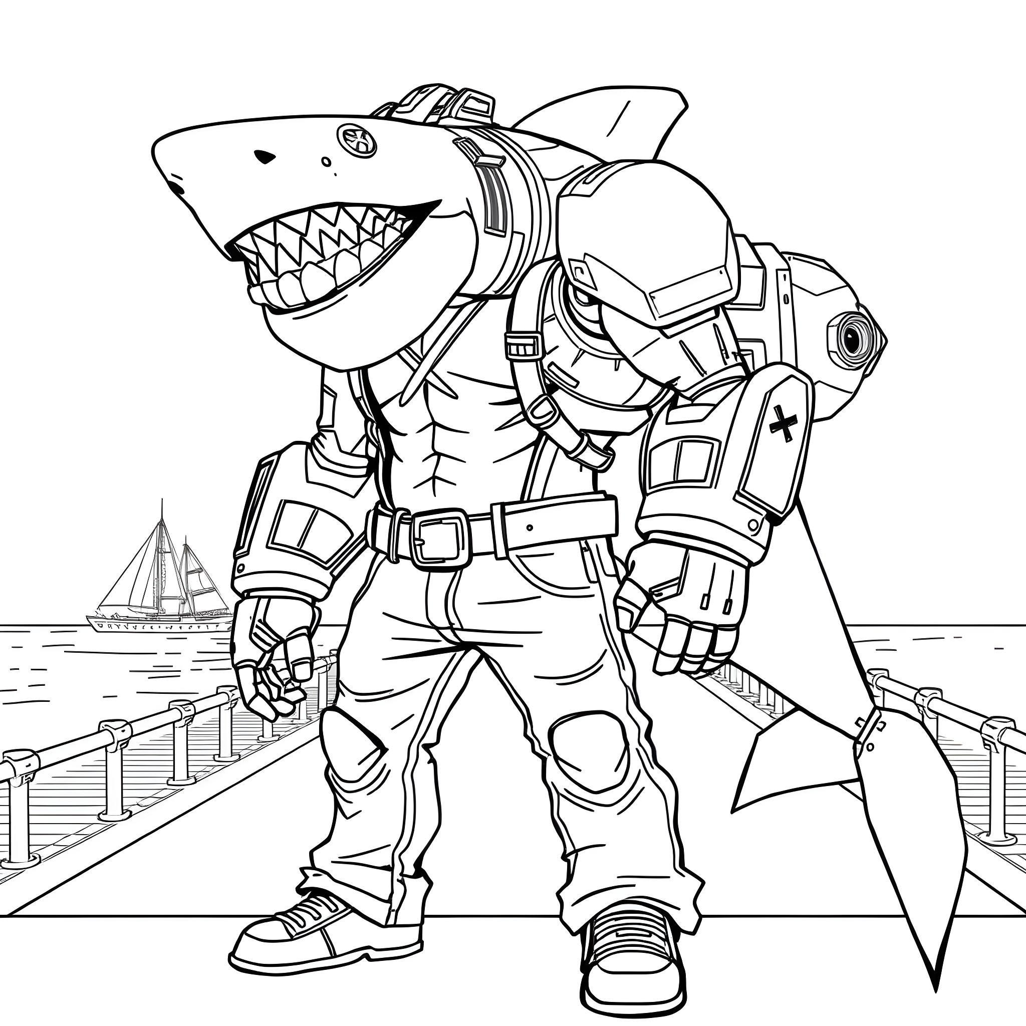 Mecha Shark Warrior on a Coastal Dock Coloring Page (free black-and-white line drawing printable PDF for all, from beginners to advanced learners, including children, teens, adults, and seniors)