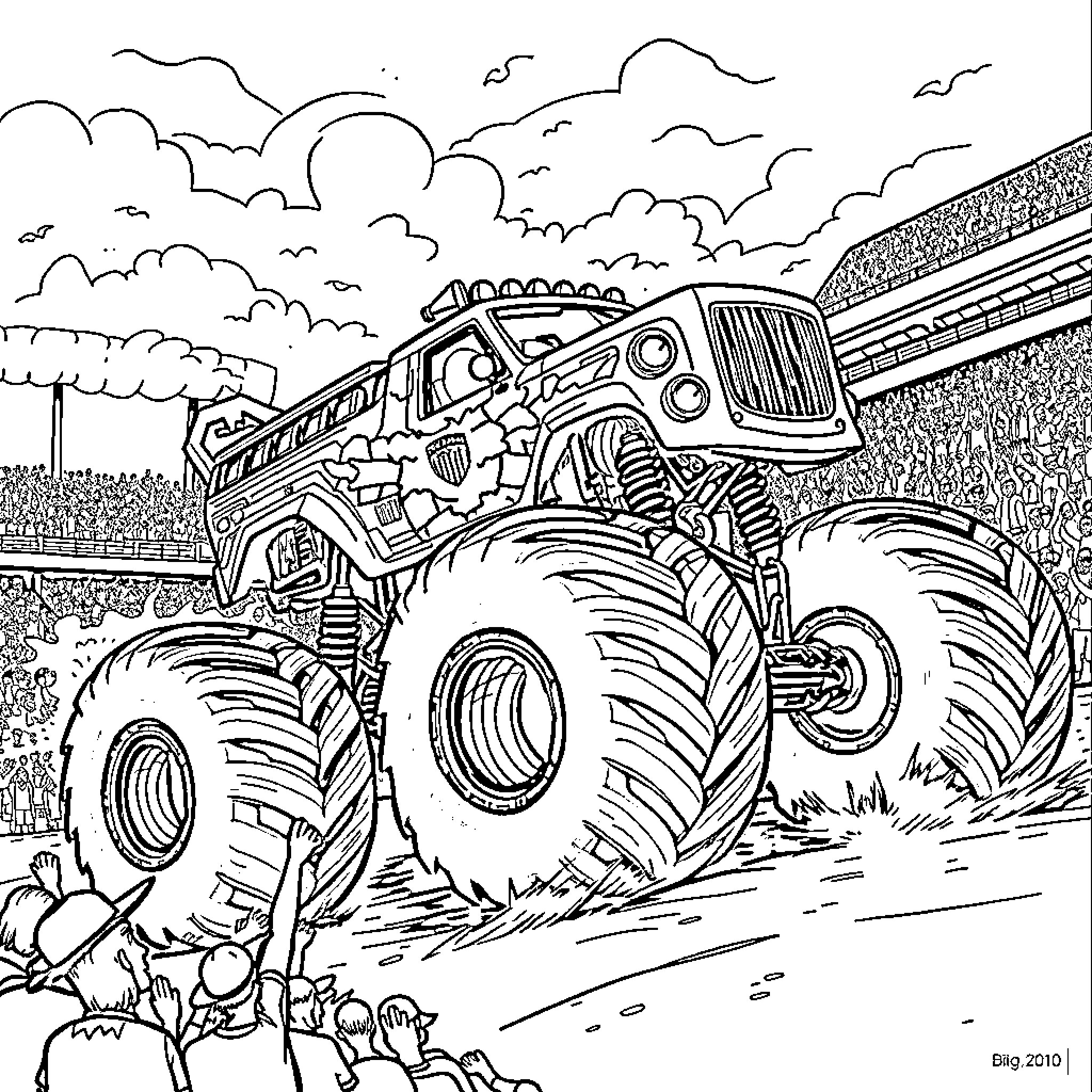 Monster Truck Crushing Through Obstacles and Leaves Coloring Page (free black-and-white line drawing printable PDF for all, from beginners to advanced learners, including children, teens, adults, and seniors)
