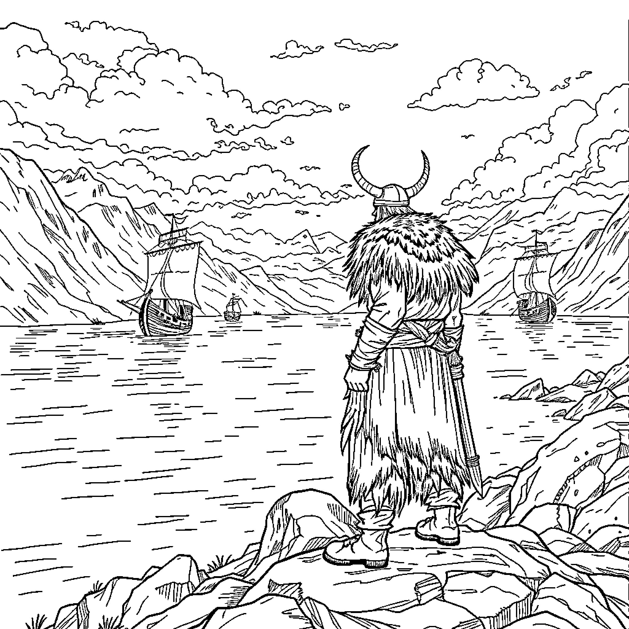 Viking warrior surveying the sea and ships Coloring Page (free black-and-white line drawing printable PDF for all, from beginners to advanced learners, including children, teens, adults, and seniors)